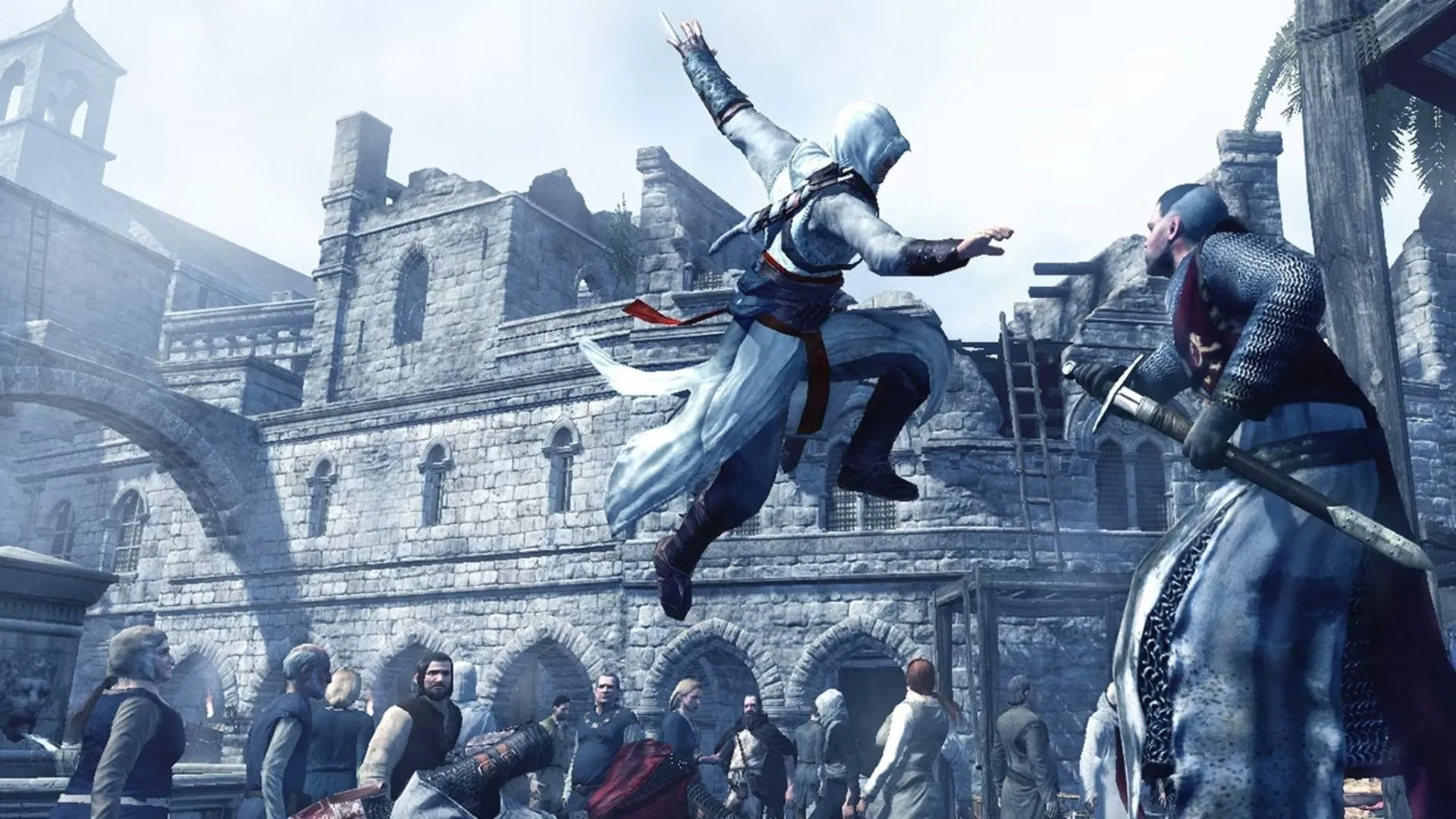 Altair di chuyển khéo léo trên nóc nhà ở Đất Thánh trong Assassin's Creed đầu tiên