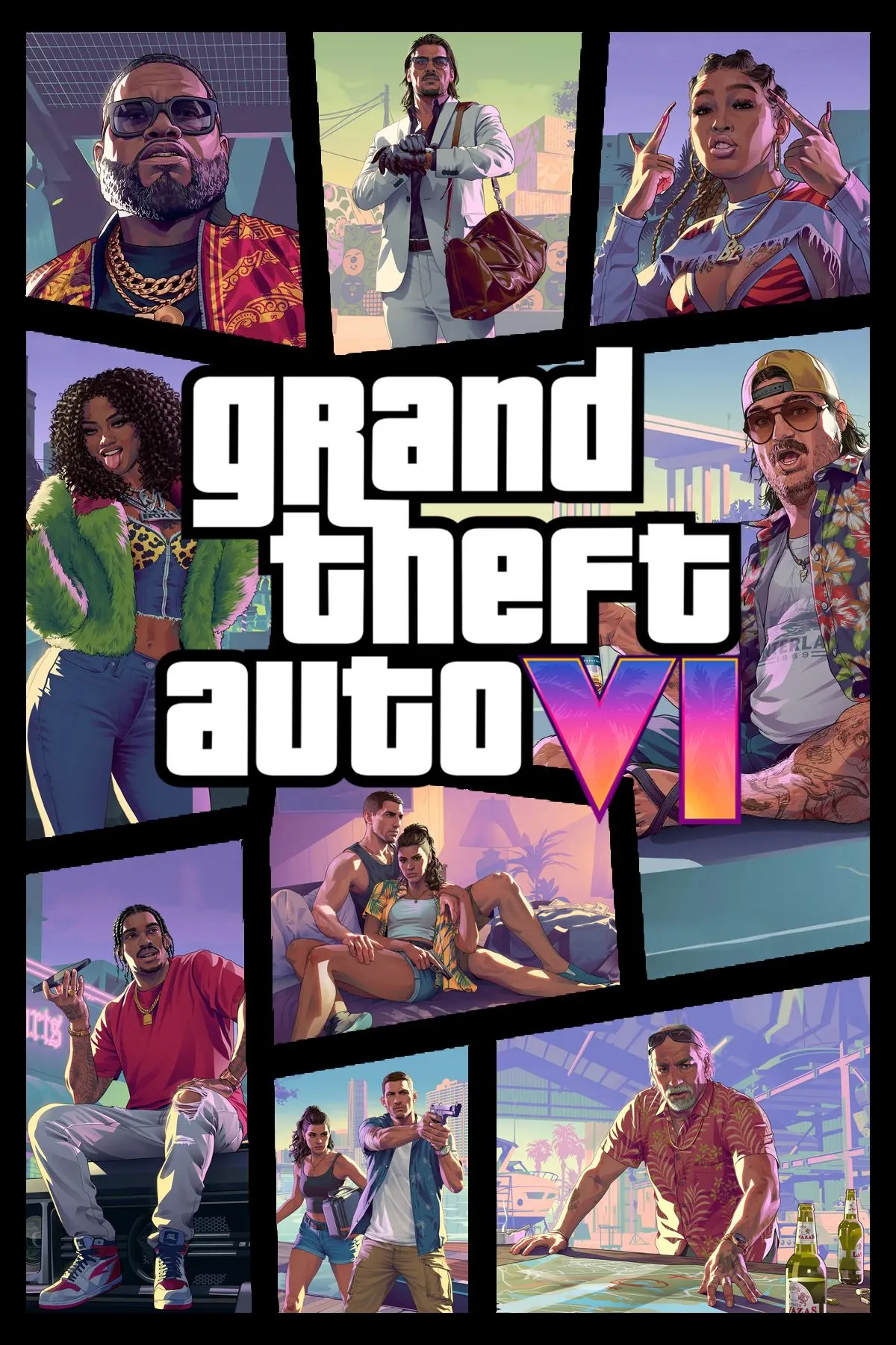 Ảnh bìa chính thức Grand Theft Auto 6, mô tả khung cảnh Vice City và nhân vật chính Lucia cùng Jason.