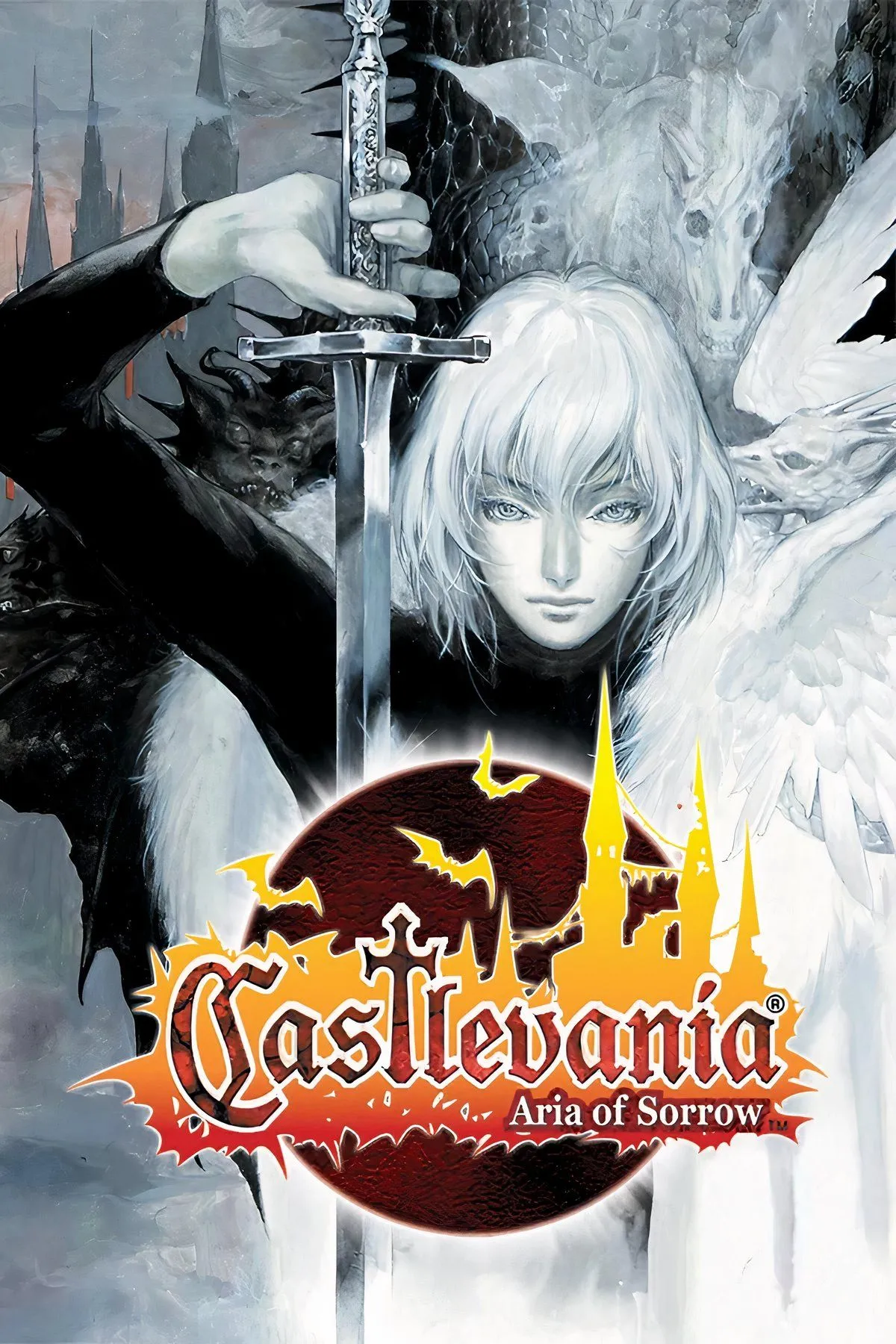 Ảnh bìa game Castlevania: Aria of Sorrow, thể hiện đồ họa pixel art đặc trưng của tựa game phiêu lưu hành động kinh điển trên GBA.