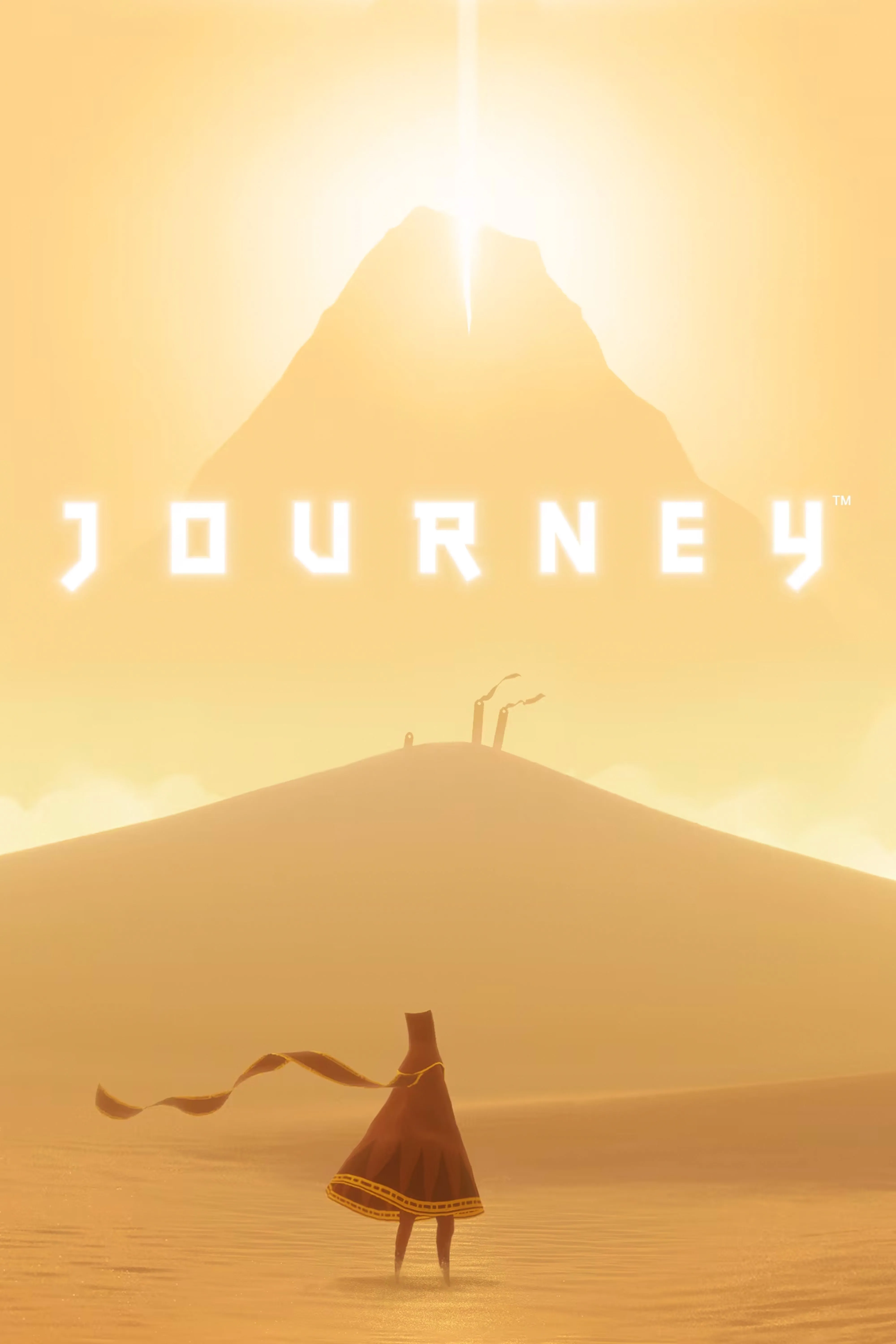 Ảnh bìa game Journey, với nhân vật bí ẩn đang đứng giữa sa mạc rộng lớn, hướng về phía ngọn núi phát sáng, biểu tượng cho hành trình khám phá và kết nối.