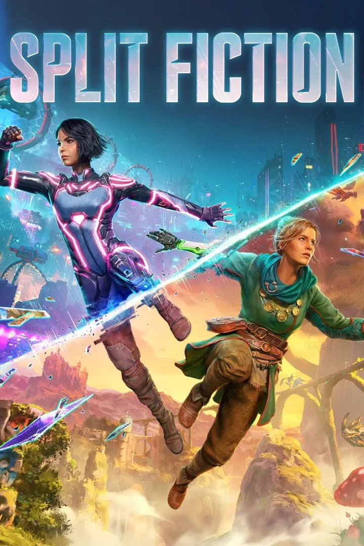 Ảnh bìa game Split Fiction với hai nhân vật chính trong thế giới giả tưởng