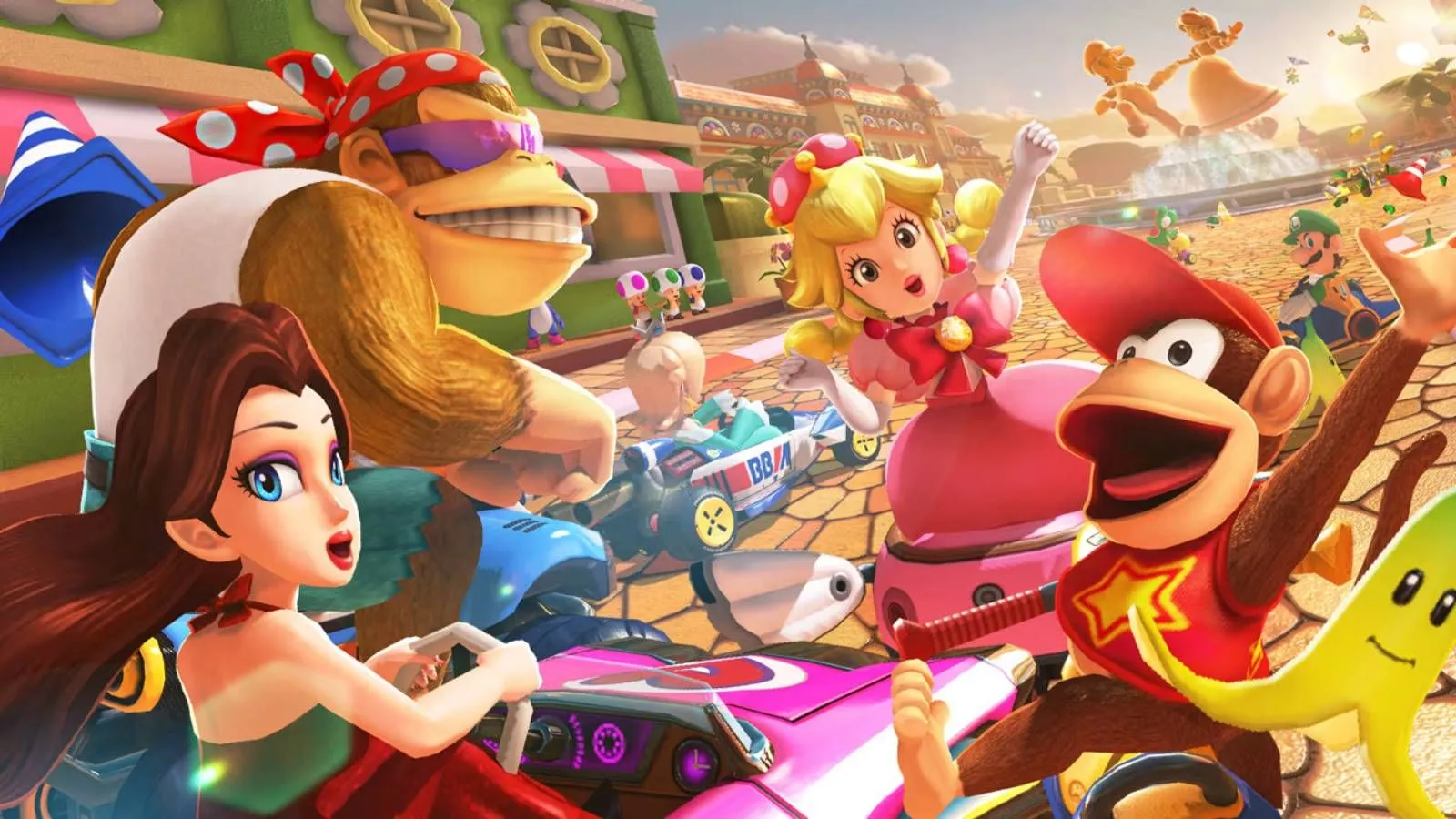 Ảnh chụp màn hình các tay đua trong game Mario Kart 8 Deluxe, minh họa thành công hậu phát hành của tựa game này.