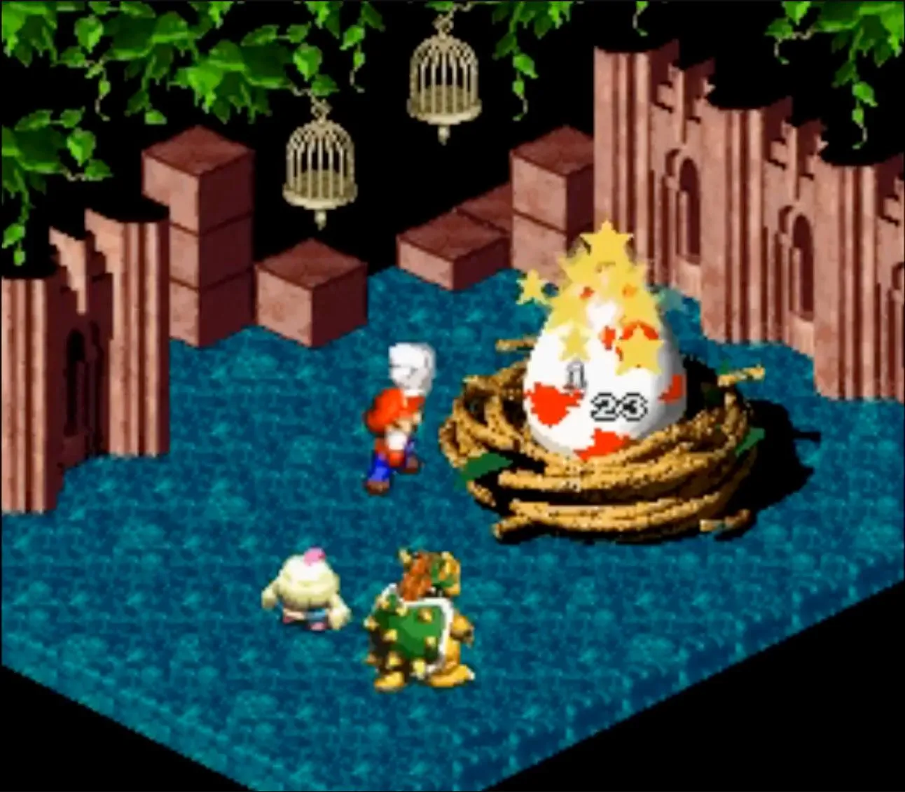 Ảnh chụp màn hình cảnh chiến đấu trong Super Mario RPG trên SNES, được cung cấp bởi SNESdrunk (YouTube)
