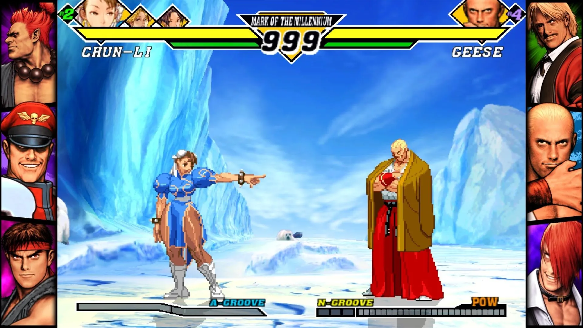 Ảnh chụp màn hình cảnh chơi game online trong Capcom Fighting Collection 2, với hai nhân vật đối kháng và giao diện người dùng