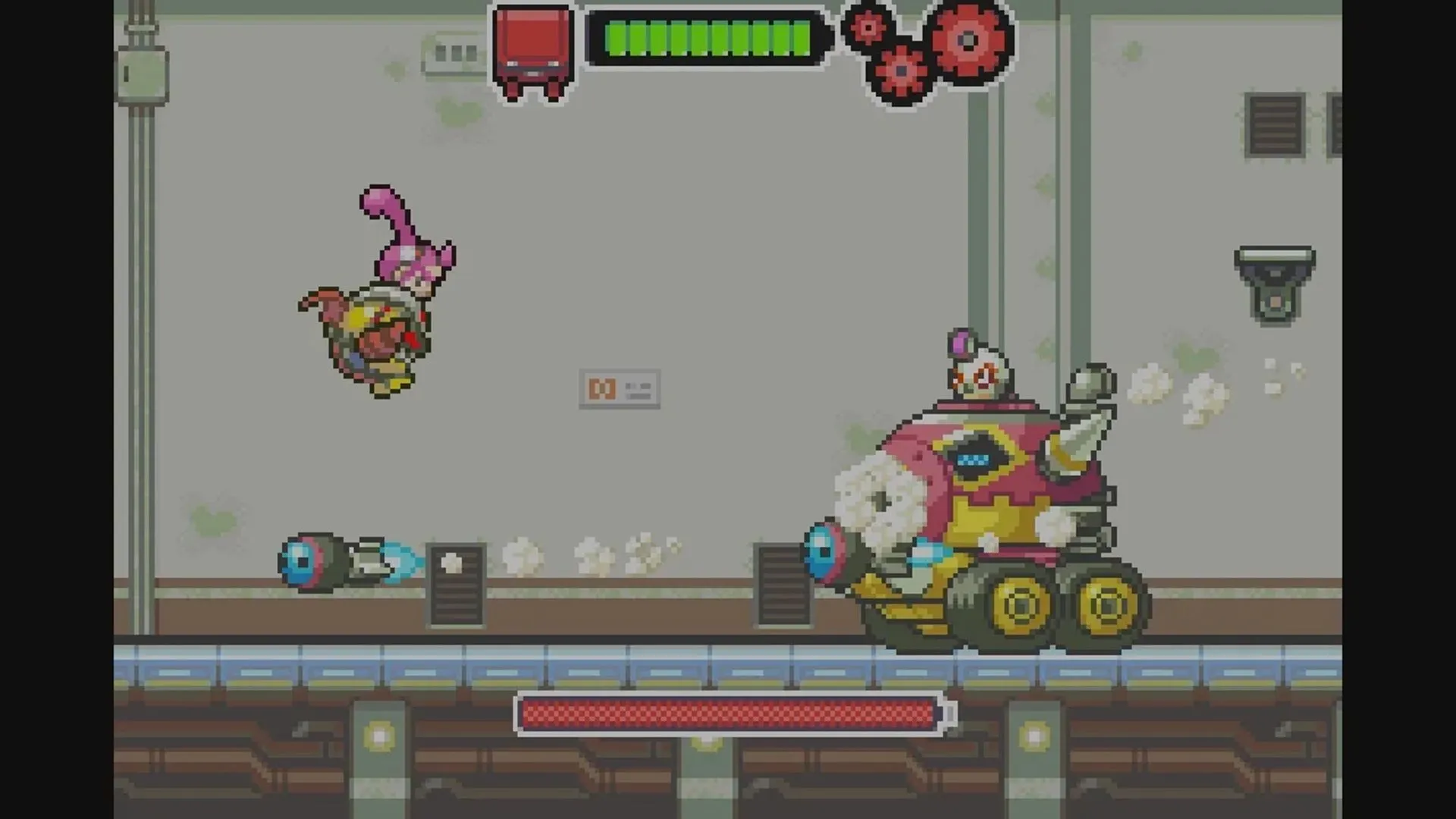 Ảnh chụp màn hình game Drill Dozer trên GBA, nhân vật Jill điều khiển cỗ máy khoan