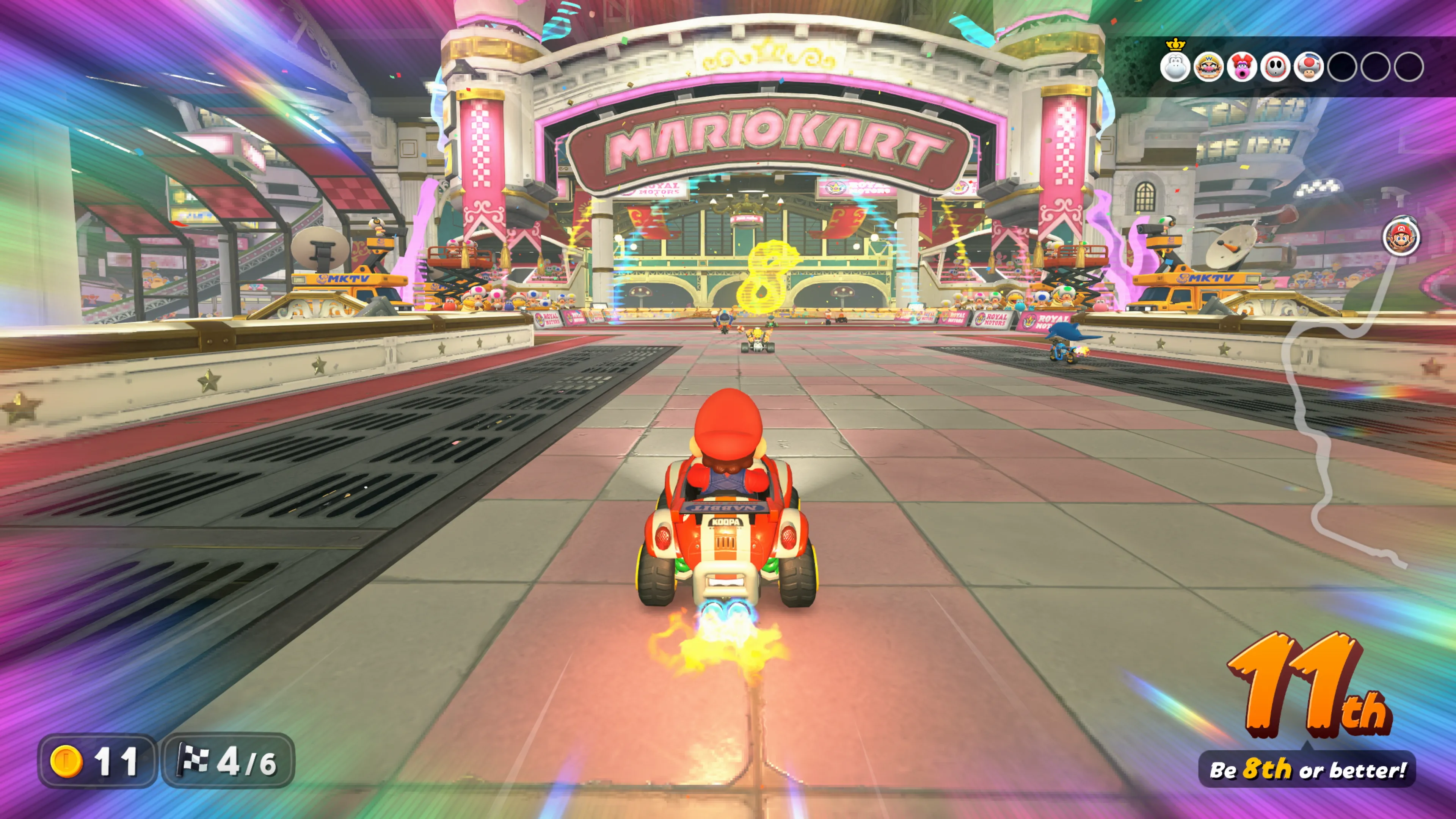 Ảnh chụp màn hình game Mario Kart World đang chạy trên console Nintendo Switch 2, thể hiện đồ họa và giao diện trò chơi.