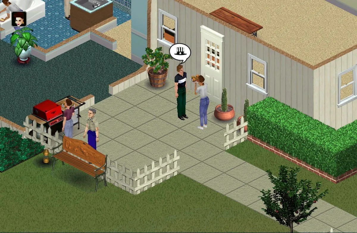 Ảnh chụp màn hình gameplay cổ điển của The Sims, thể hiện cuộc sống hàng ngày của Sim