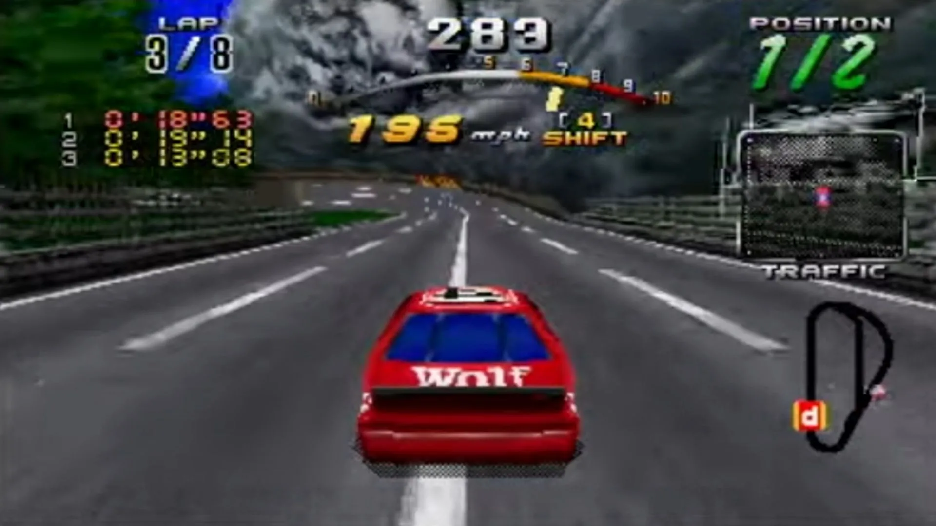 Ảnh chụp màn hình gameplay của Daytona USA CCE trên Sega Saturn, hiển thị cảnh đua xe đầy màu sắc trên đường đua