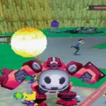 Ảnh chụp màn hình gameplay The Misadventures of Tron Bonne, nhân vật Tron Bonne với các Servant Bot của cô trong môi trường 3D