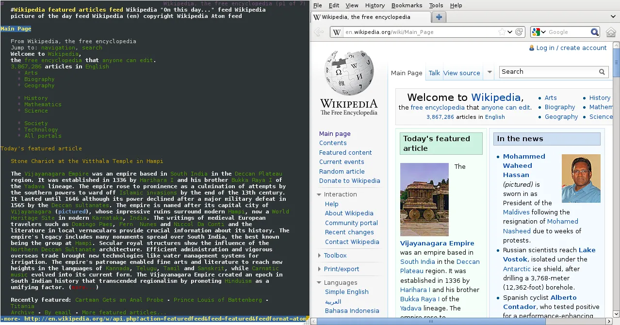 Ảnh chụp màn hình Lynx và Firefox hiển thị trang chủ Wikipedia cạnh nhau