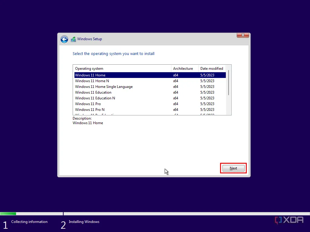 Ảnh chụp màn hình môi trường cài đặt trước Windows yêu cầu người dùng chọn phiên bản Windows 11 phù hợp.
