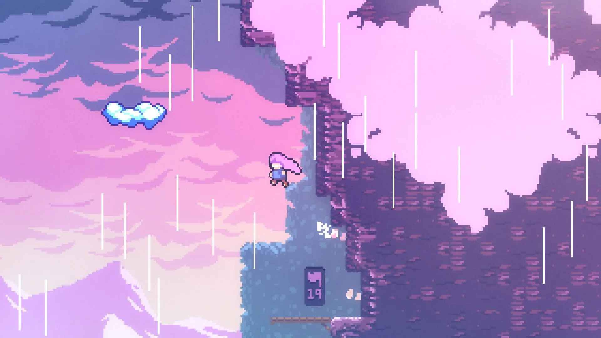 Ảnh chụp màn hình từ game Celeste, nhân vật người chơi đang nhảy về phía một đám mây trên sườn núi.