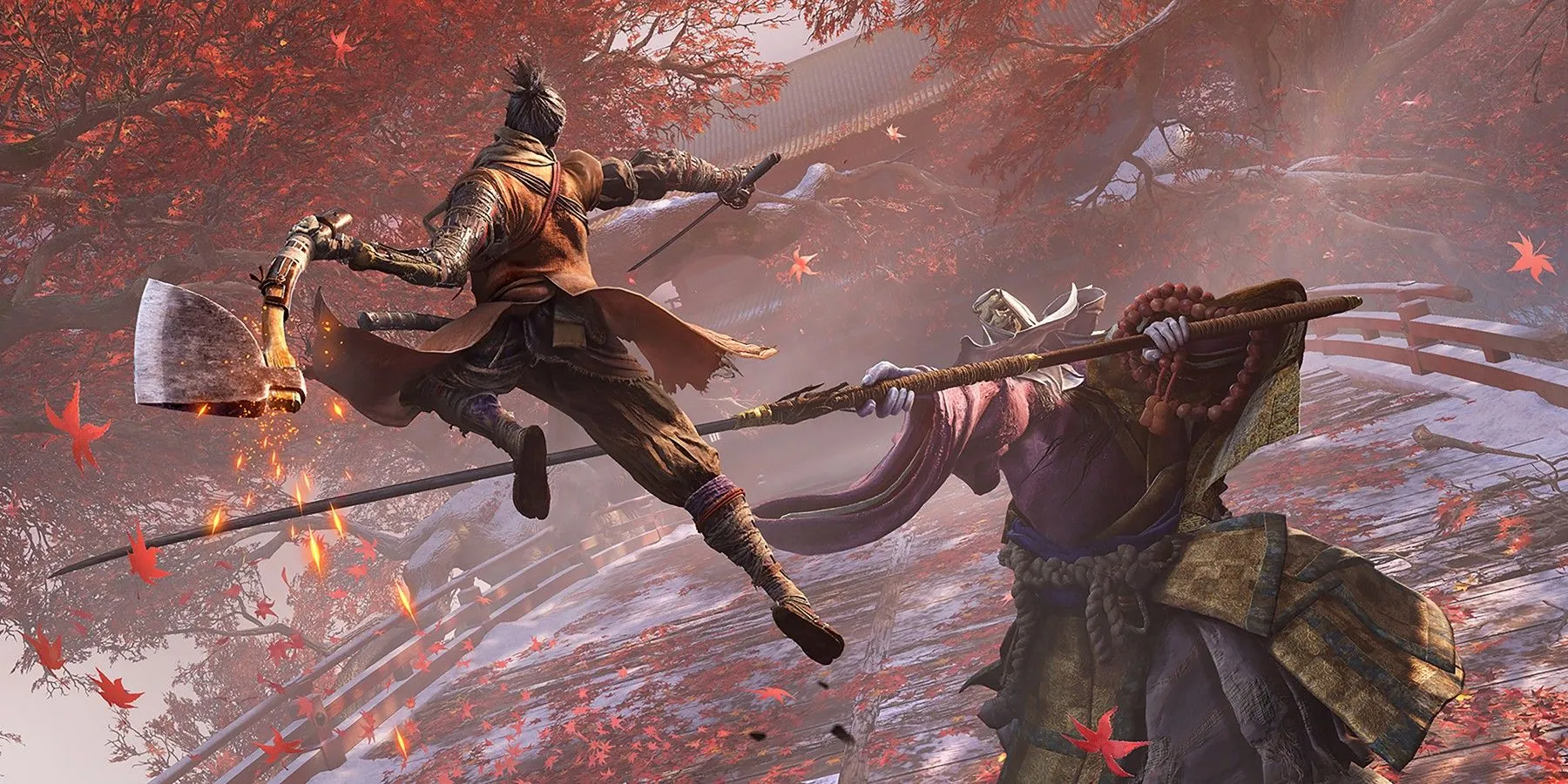 Ảnh minh họa game Sekiro: Shadows Die Twice với nhân vật Shinobi Wolf đang tấn công kẻ thù khổng lồ.