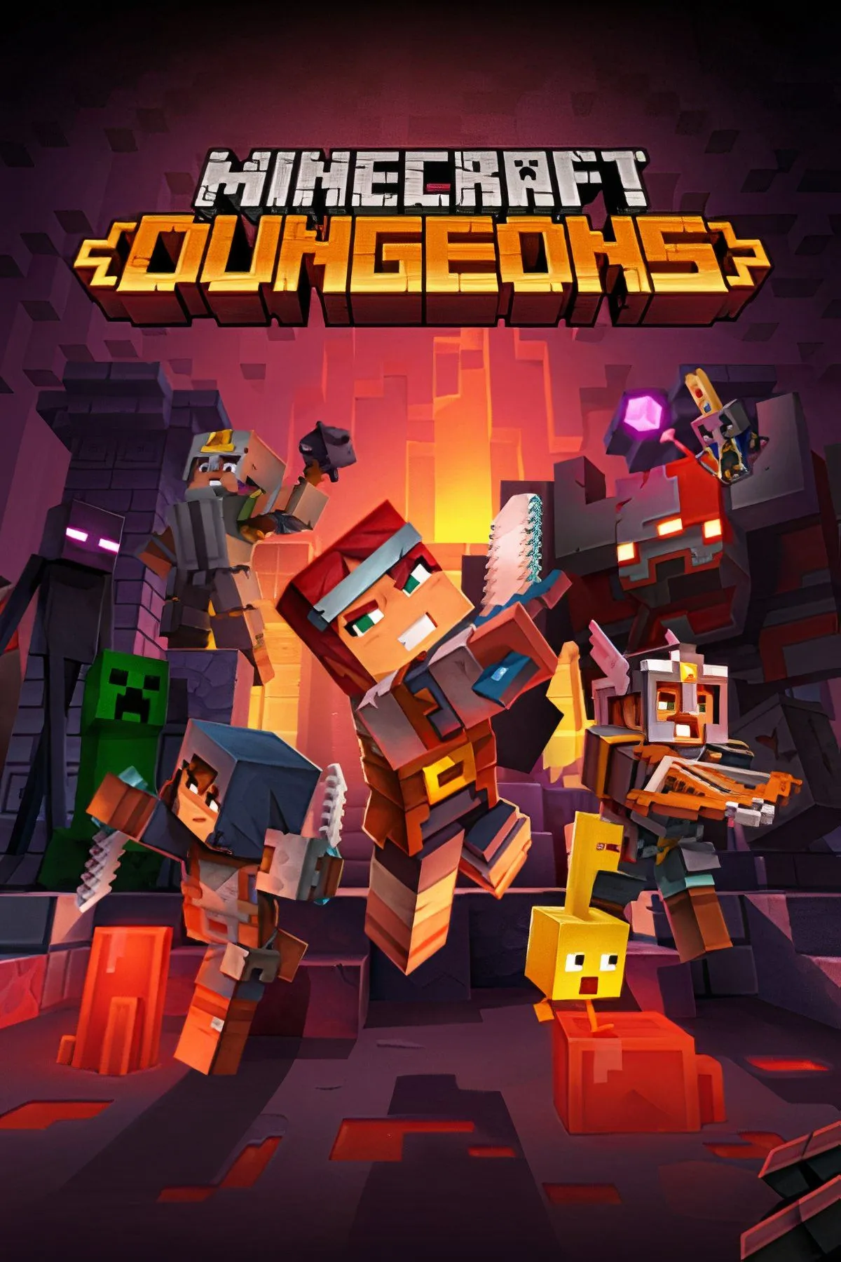 Ba nhân vật Minecraft Dungeons đang chiến đấu với quái vật trong hầm ngục