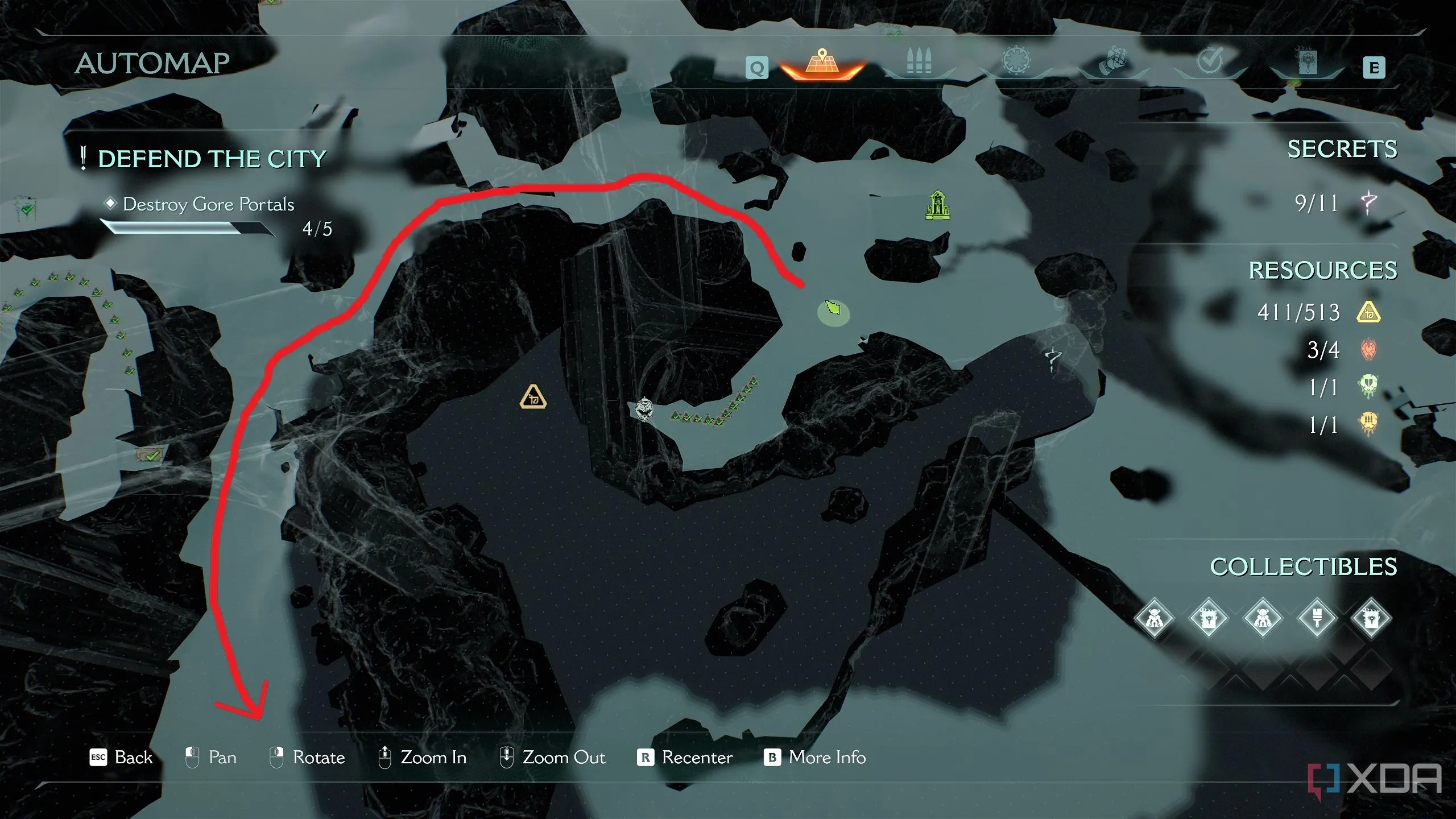 Bản đồ 3D của Chapter 6 trong Doom The Dark Ages hiển thị hướng đi từ xúc tu đến cổng quỷ 1