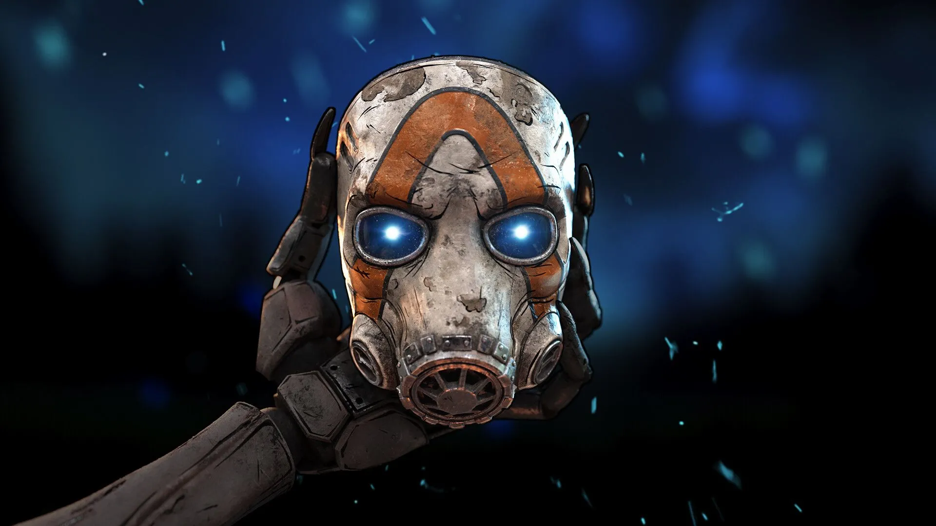 Bàn tay đang giữ mặt nạ Vault Hunter biểu tượng của dòng game Borderlands 4