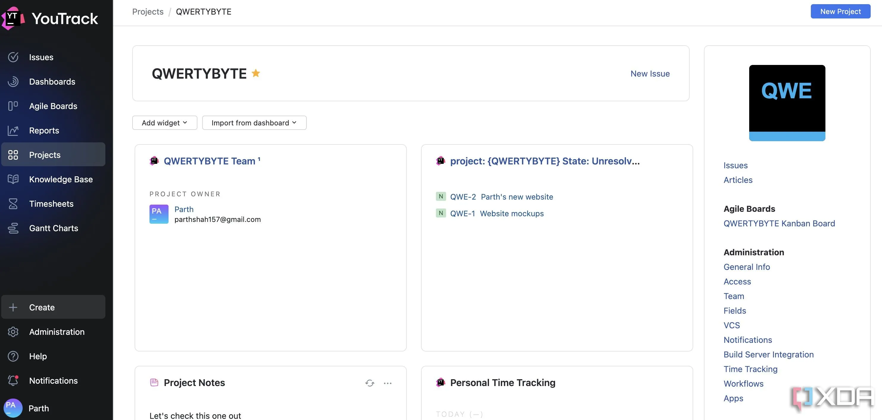 Bảng điều khiển YouTrack hiển thị tổng quan dự án và các widget tùy chỉnh
