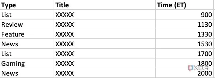Bảng lập lịch nội dung (bài viết, video) trên Excel, sắp xếp theo các khung giờ cụ thể