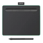 Bảng vẽ điện tử Wacom Intuos Small màu đen và bút cảm ứng Wacom Pen 4K nằm trên bề mặt màu xám