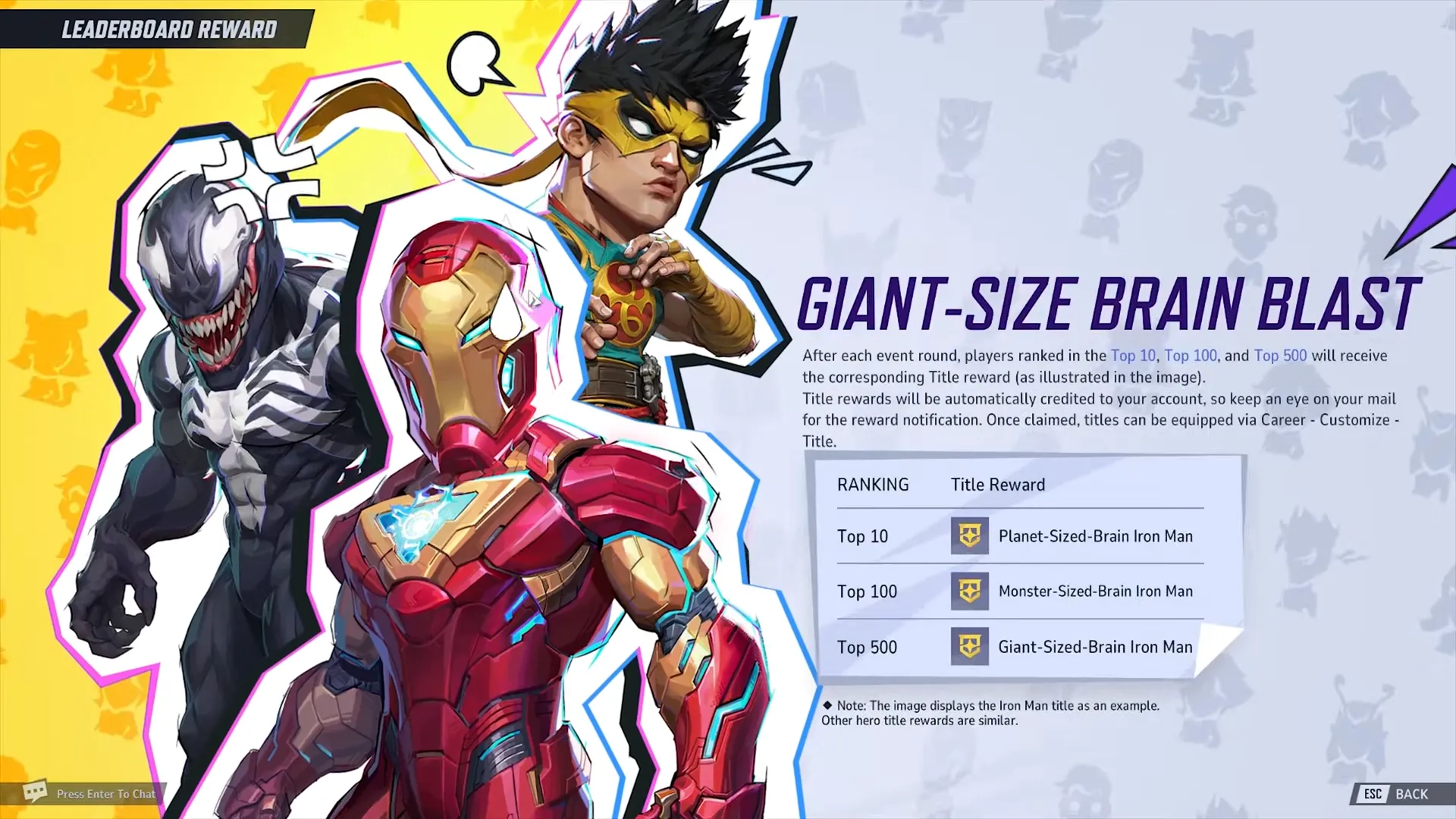 Bảng xếp hạng sự kiện Giant-Size Brain Blast trong Marvel Rivals hiển thị các danh hiệu độc quyền