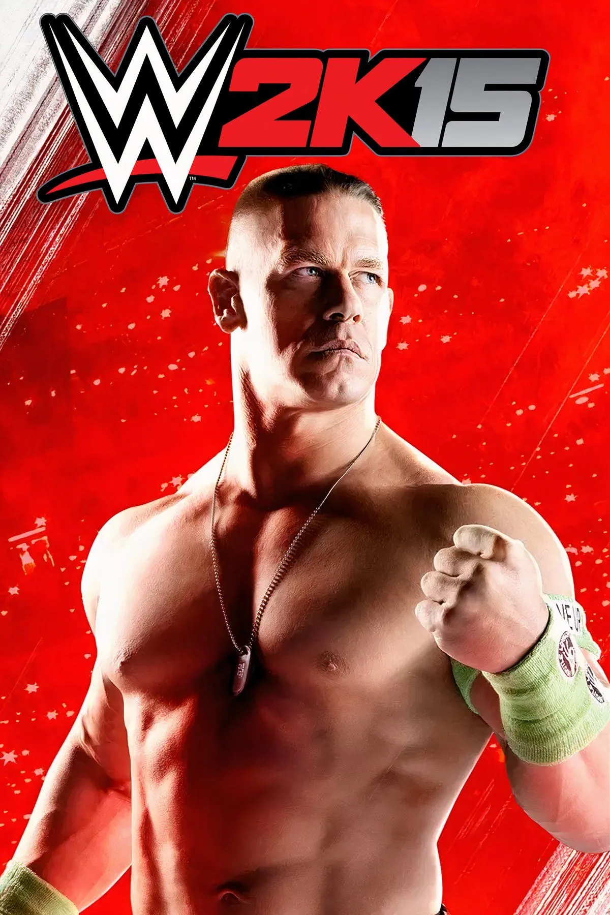 Bìa đĩa game WWE 2K15, thể hiện các đô vật John Cena, Randy Orton và Seth Rollins