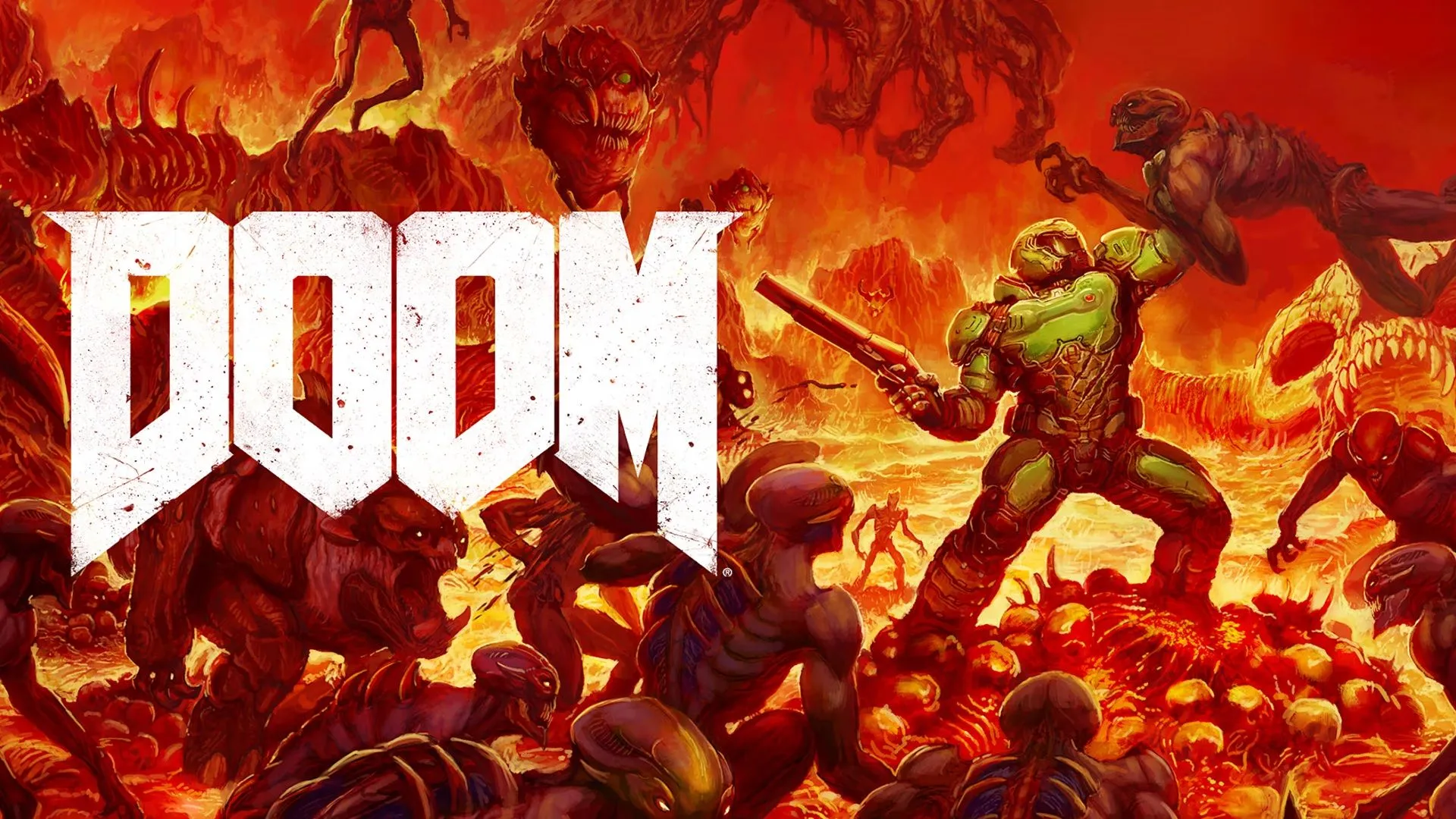 Bìa game Doom 2016 phiên bản Nintendo Switch, thể hiện phong cách hành động máu lửa