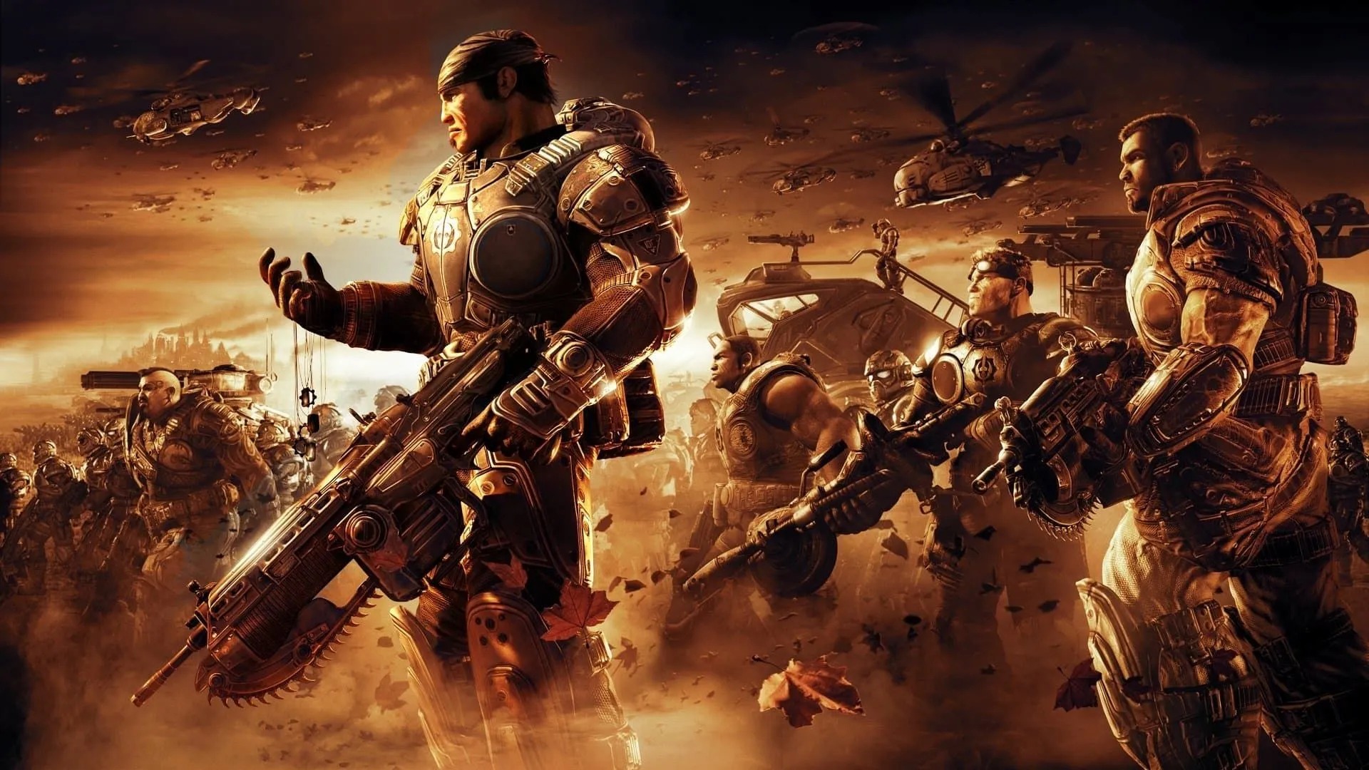 Bìa game Gears of War 2 với nhân vật chính Marcus Fenix và những người lính khác trong bối cảnh chiến đấu khốc liệt.