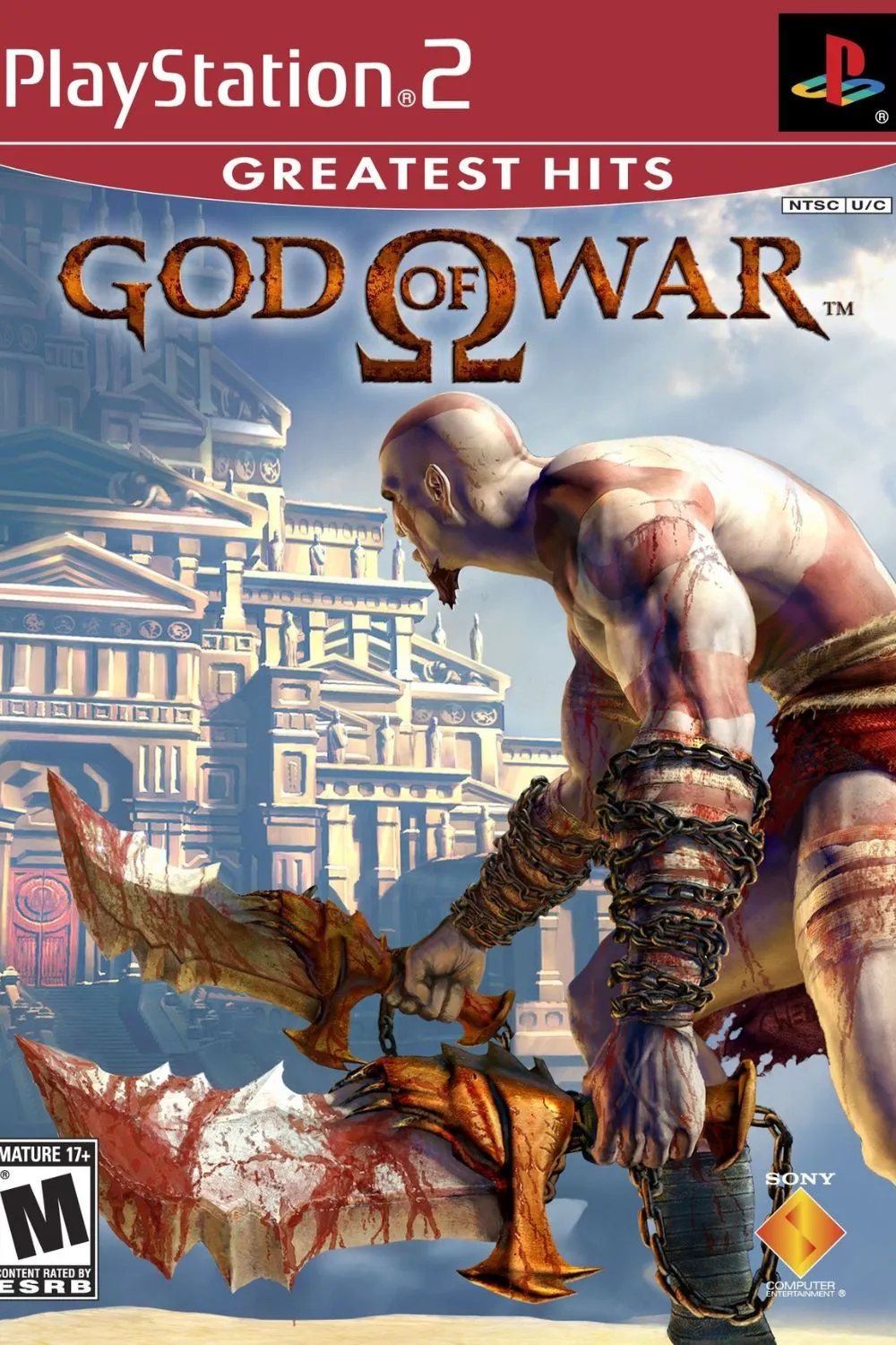 Bìa game God of War 2005, hình ảnh Kratos với lưỡi dao Chaos.