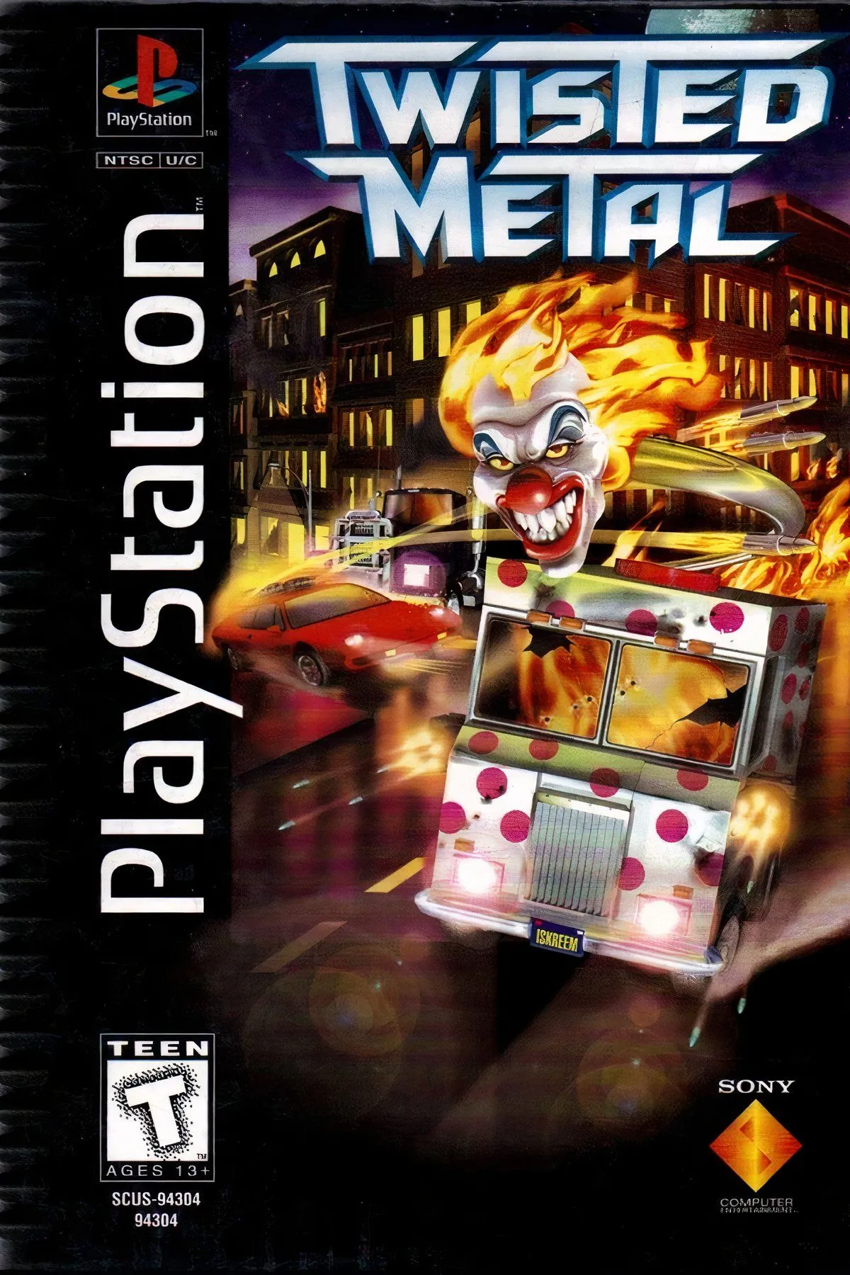 Bìa game Twisted Metal phiên bản Long Box, biểu tượng huyền thoại của game đua xe chiến đấu trên PS1.