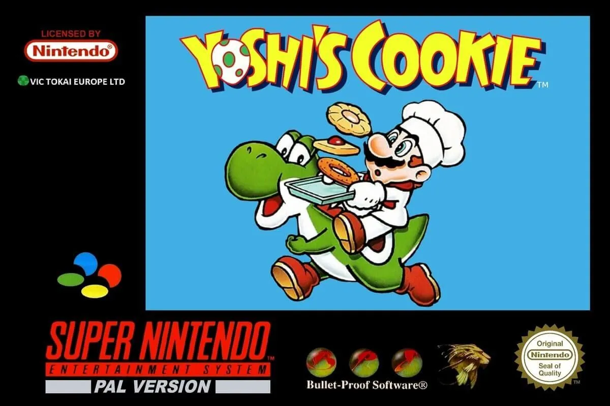 Bìa game Yoshi's Cookie phiên bản PAL trên SNES với Yoshi và các chiếc bánh quy màu sắc