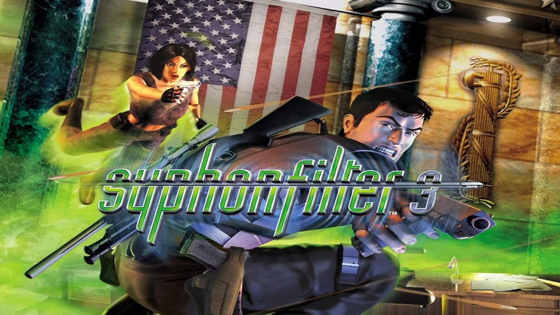 Bìa hộp gốc của game Syphon Filter 3 trên PS1, với hình ảnh nhân vật chính và bối cảnh thành phố trước sự kiện 11/9