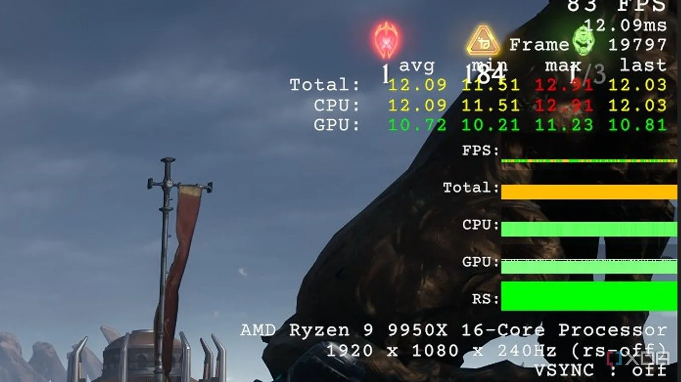 Biểu đồ hiệu suất trong game Doom The Dark Ages trên hệ thống RTX 4060, minh họa hiện tượng CPU bottleneck với frame time của CPU cao hơn GPU