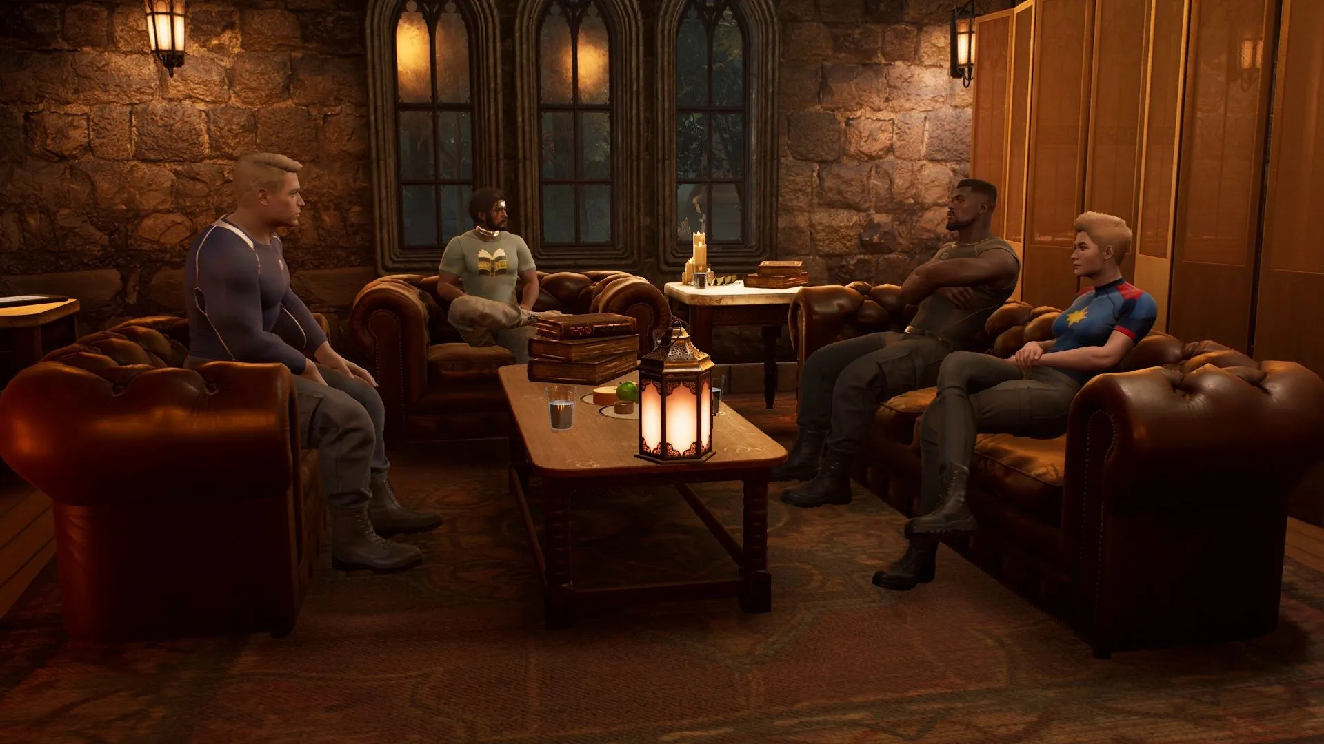 Blade, Captain America, Captain Marvel và The Hunter cùng tham gia Câu lạc bộ Sách tại Abbey trong Marvel's Midnight Suns, thể hiện tính năng tương tác xã hội.