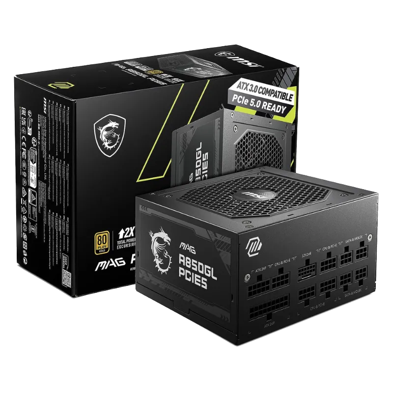Bộ nguồn MSI MAG A850GL màu đen được hiển thị trên nền trong suốt, nhấn mạnh thiết kế modular và cổng kết nối.