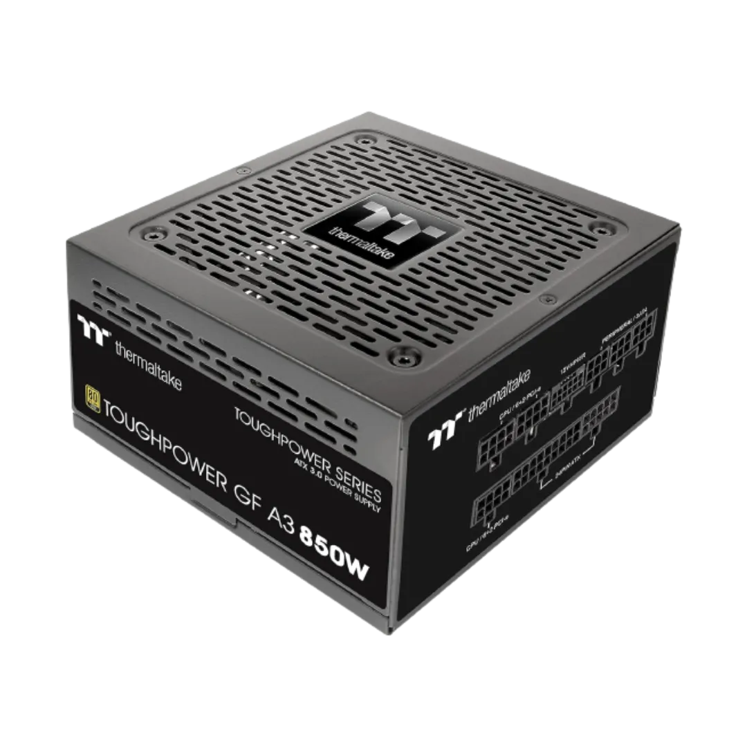 Bộ nguồn Thermaltake Toughpower GF A3 850W được chụp nghiêng, lộ rõ các cổng cắm module