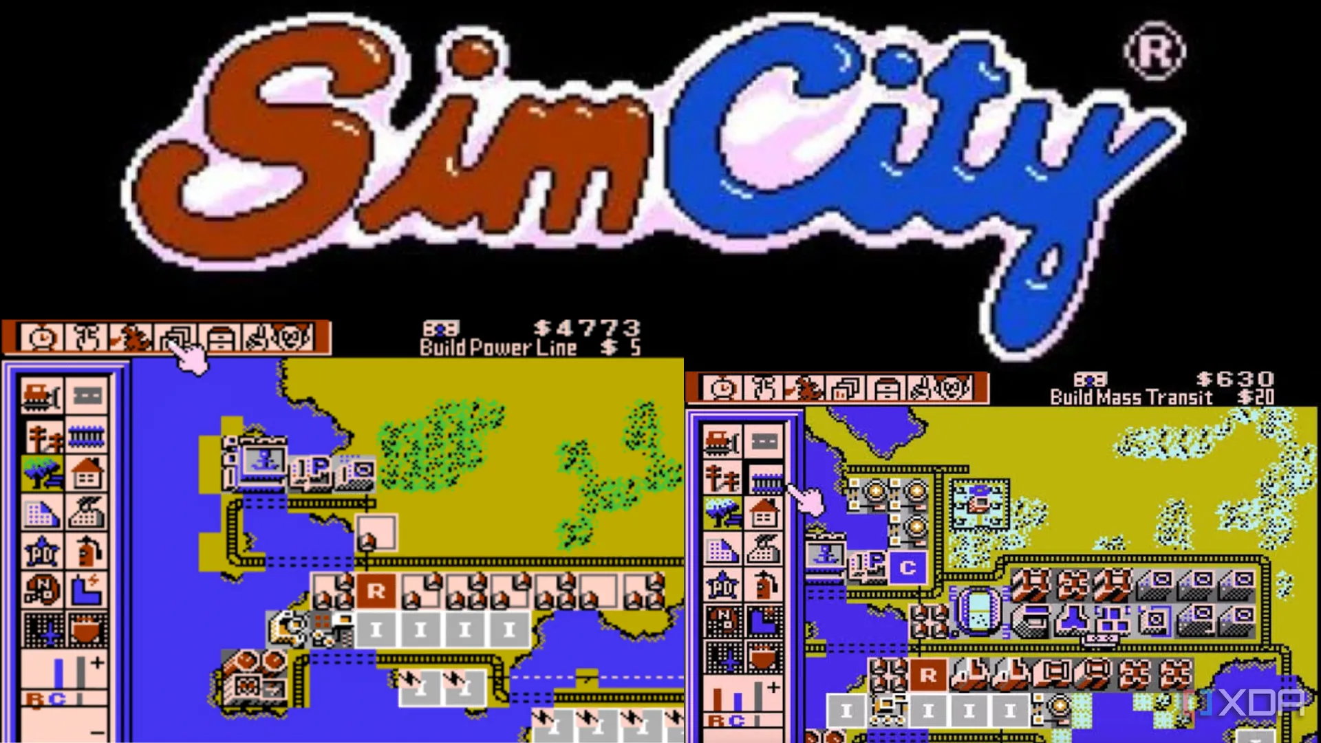Bộ sưu tập ảnh chụp màn hình game SimCity với logo, thể hiện khả năng xây dựng thành phố đa dạng