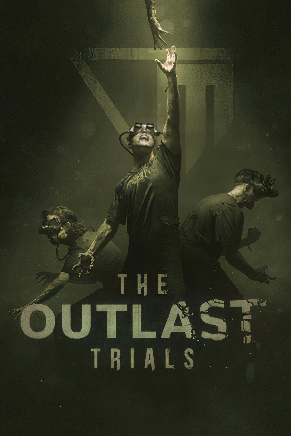 Bốn nhân vật đang chạy trốn trong hành lang tối tăm của The Outlast Trials, tạo cảm giác căng thẳng và kinh dị co-op