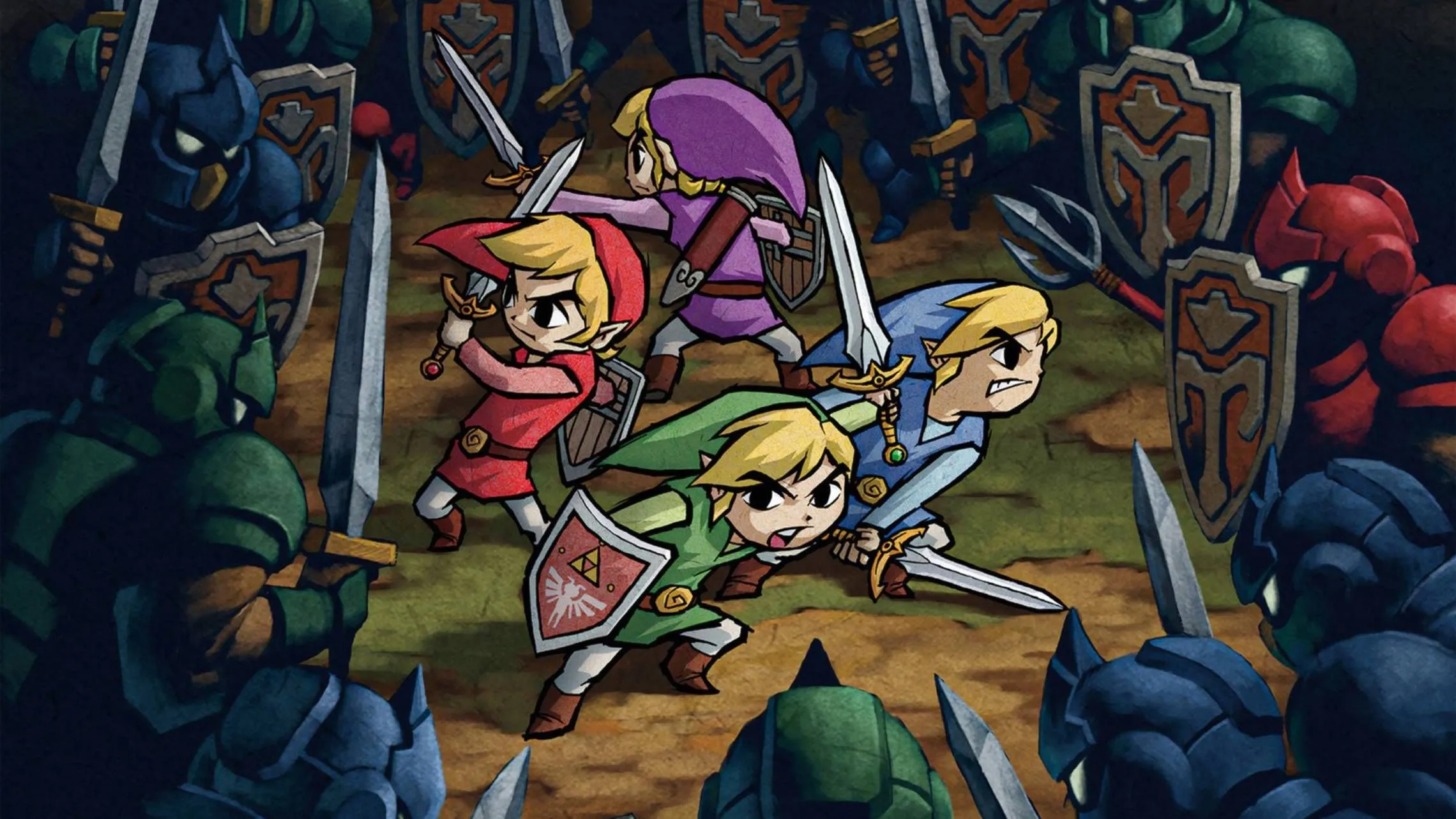 Bốn phiên bản Link chiến đấu với nhiều kẻ thù cùng lúc trong The Legend of Zelda Four Swords Adventure