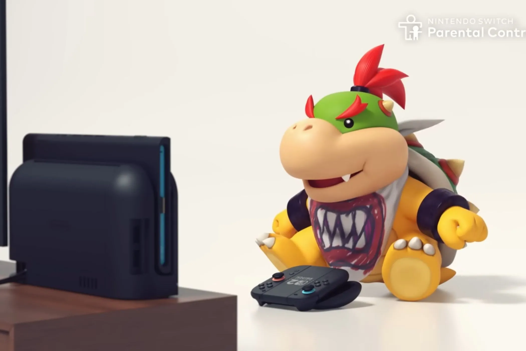 Bowser Jr chơi game trên Nintendo Switch 2 với phụ kiện camera, minh họa tính năng video call và vấn đề an toàn trẻ em