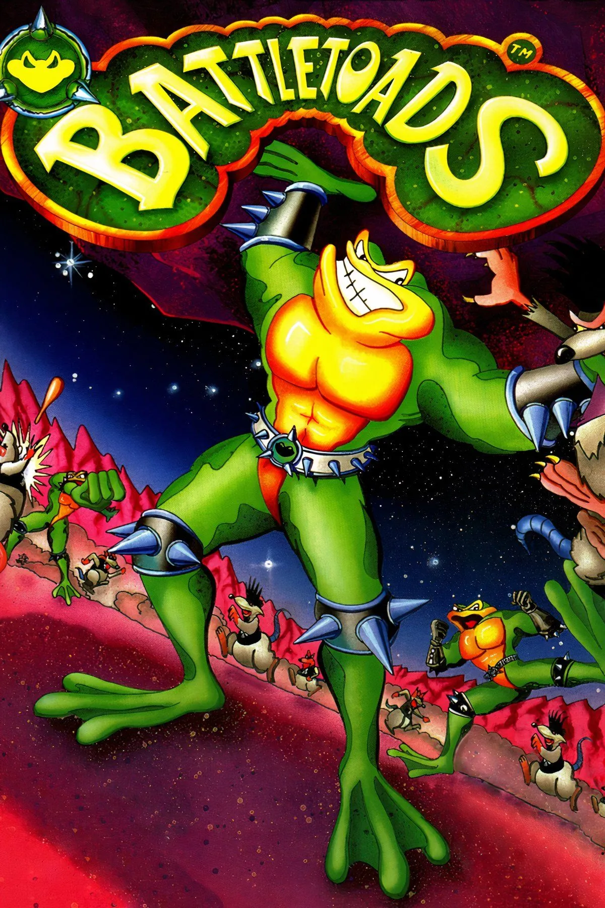Các Battletoad chiến đấu trong một màn hình game hành động cuộn ngang đầy màu sắc và thử thách