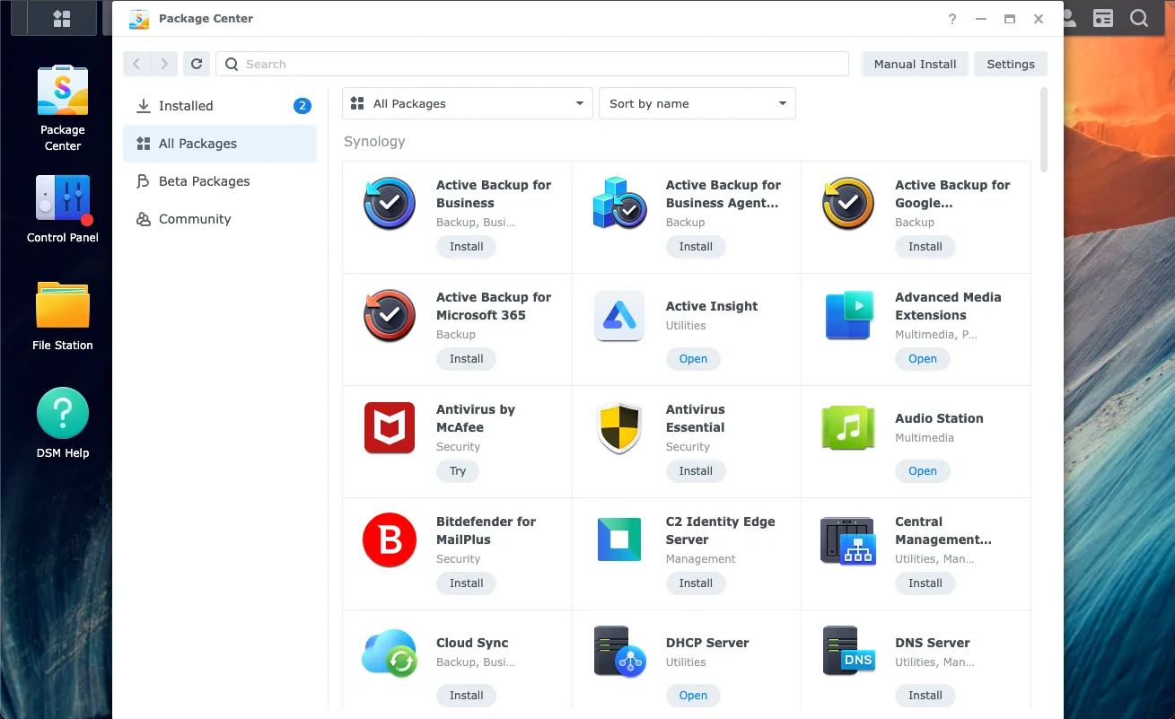 Các gói ứng dụng trong giao diện Synology DiskStation Manager (DSM) của NAS
