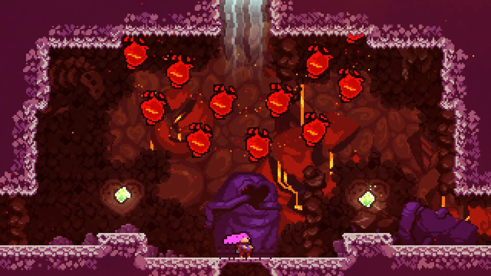 Các quả cầu đỏ đang lao xuống nhân vật người chơi trong game Celeste.