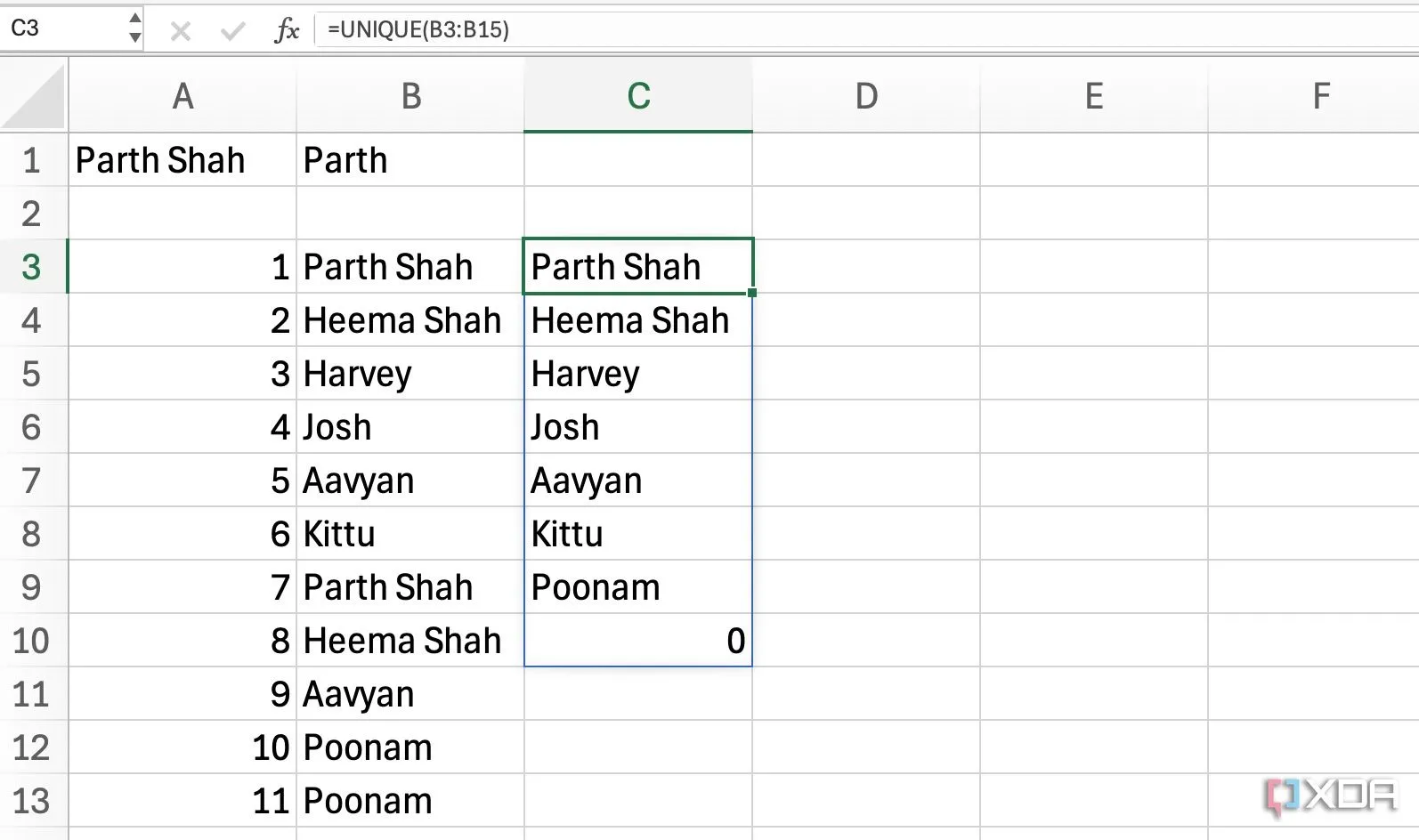 Cách dùng hàm UNIQUE trong Excel để trích xuất danh sách các giá trị không trùng lặp từ một cột dữ liệu