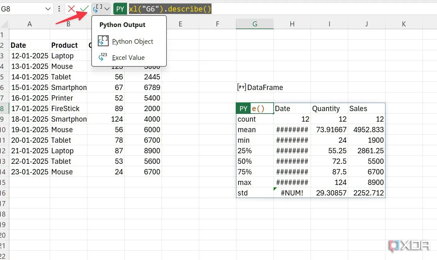 Cách thay đổi kiểu đầu ra Python DataFrame thành 'Python Object' hoặc 'Excel Value' trong Microsoft Excel.