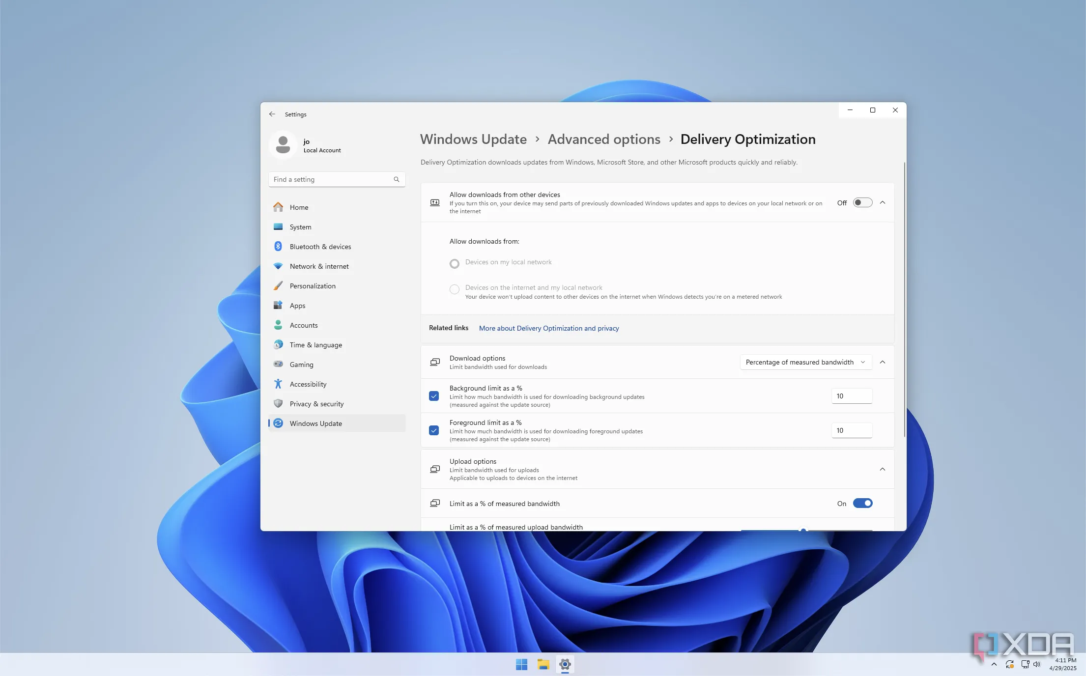 Cài đặt giới hạn băng thông cho Windows Update trên Windows 11