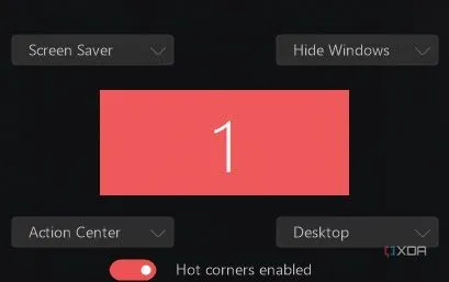 Cài đặt Góc Nóng (Hot Corners) trên macOS, hiển thị các tùy chọn gán chức năng cho từng góc màn hình để tăng tốc thao tác.