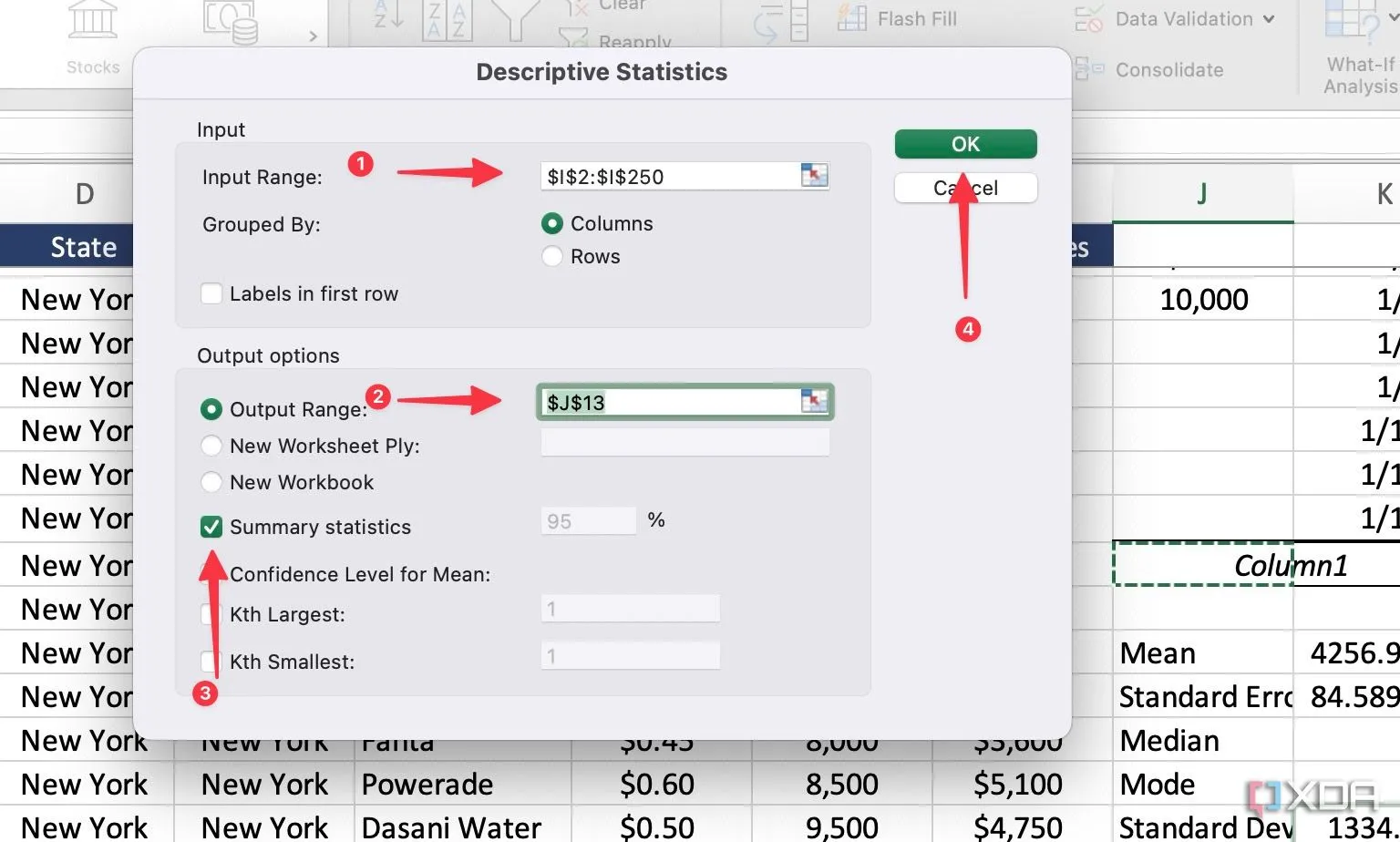 Cài đặt phạm vi đầu vào và đầu ra cho Thống kê mô tả trong Excel