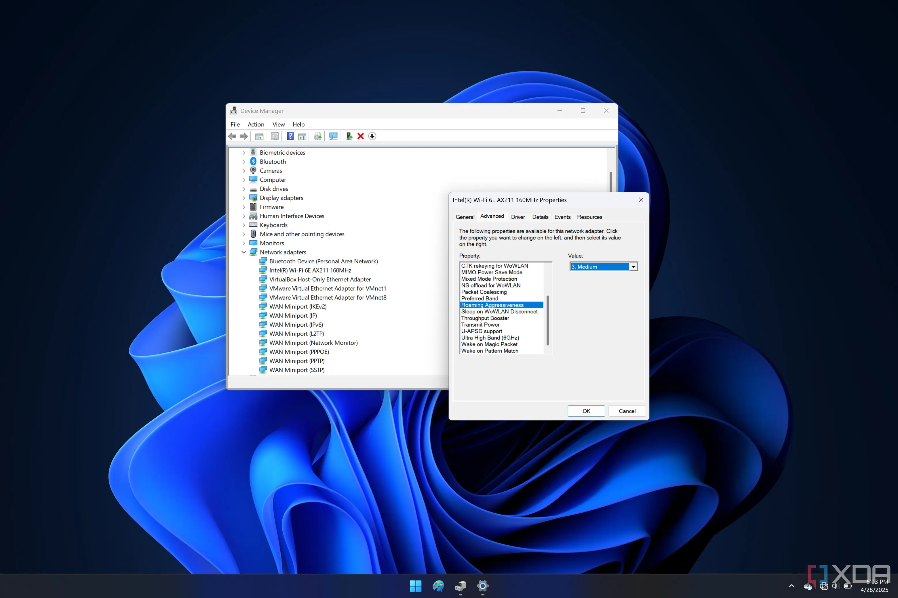 Cài đặt Roaming Aggressiveness trong driver Wi-Fi trên Windows 11