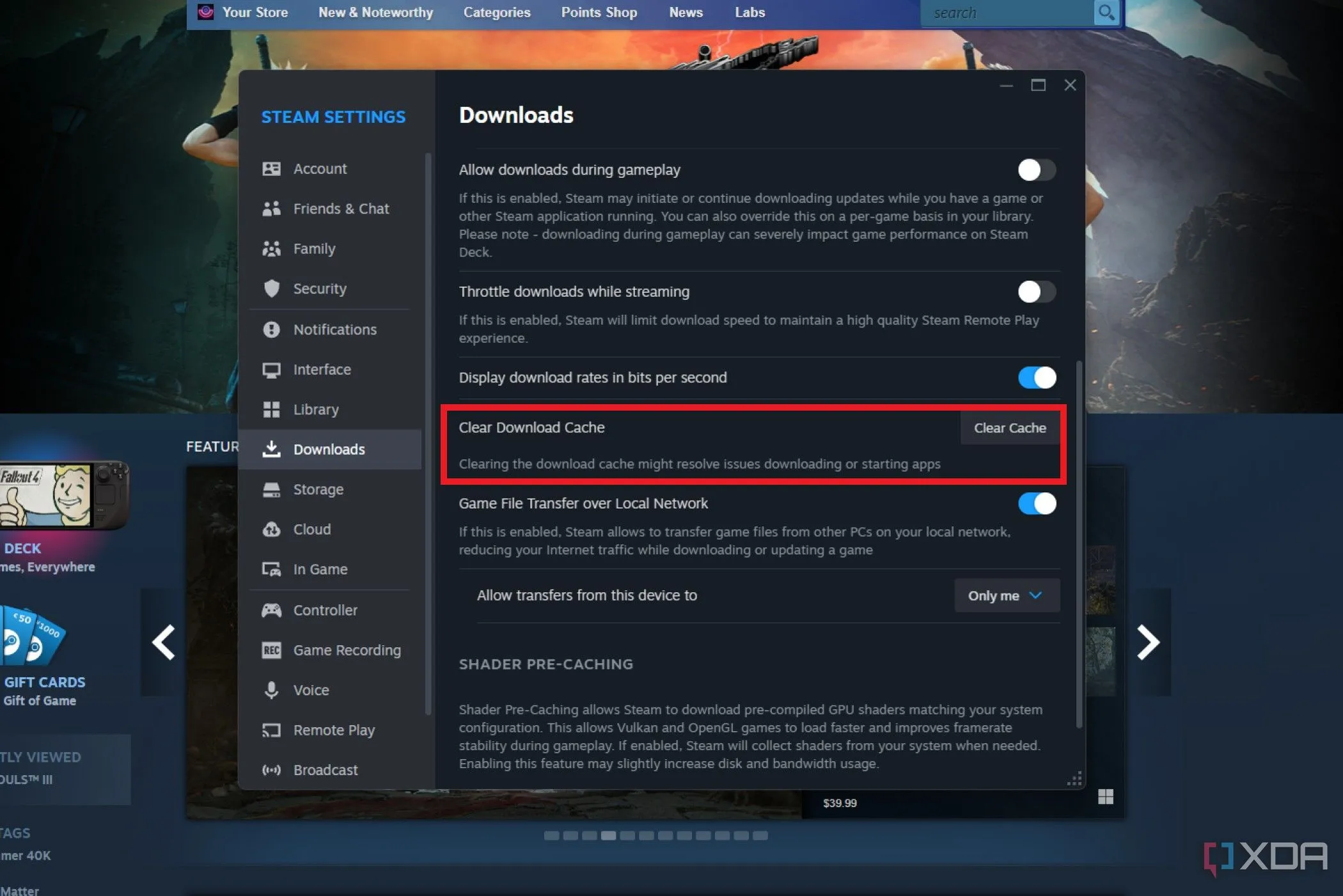 Cài đặt Steam và nút Xóa Bộ Nhớ Đệm Tải Xuống được làm nổi bật
