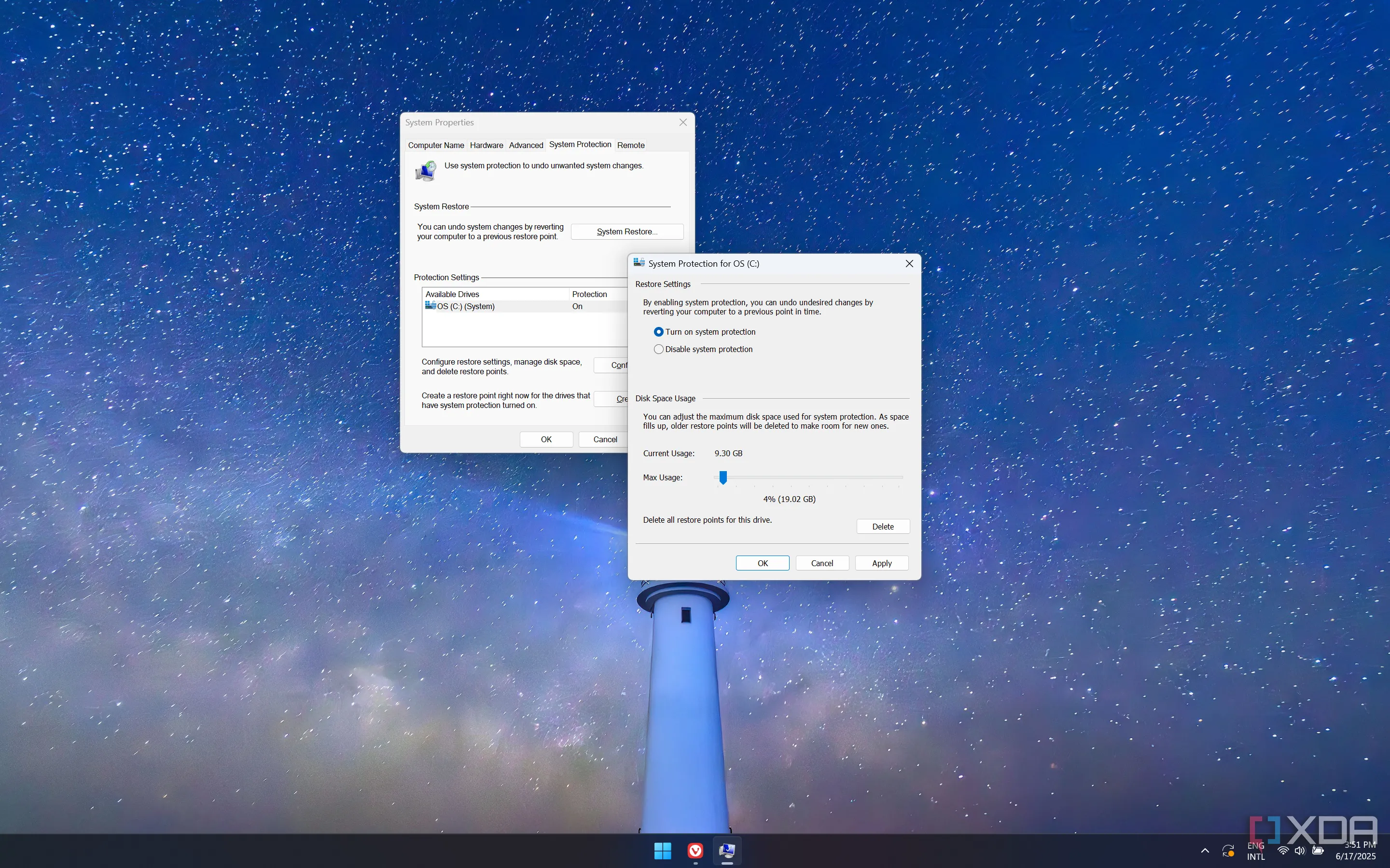 Cài đặt System Restore trên Windows 11, cho phép người dùng bật và cấu hình dung lượng lưu trữ
